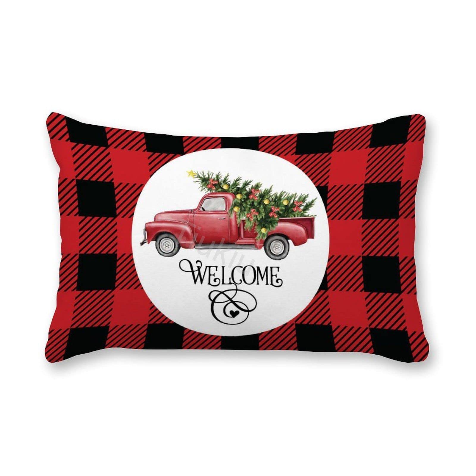 2 Pack Decorative Lumbar Pillow Covers - 16x24 Inch Red Truck Plaid Canvas Christmas Throw Pillow Cases for Couch, Sofa & Bed - Perfect for Living Room, Holiday Decor & Seasonal Home Accents