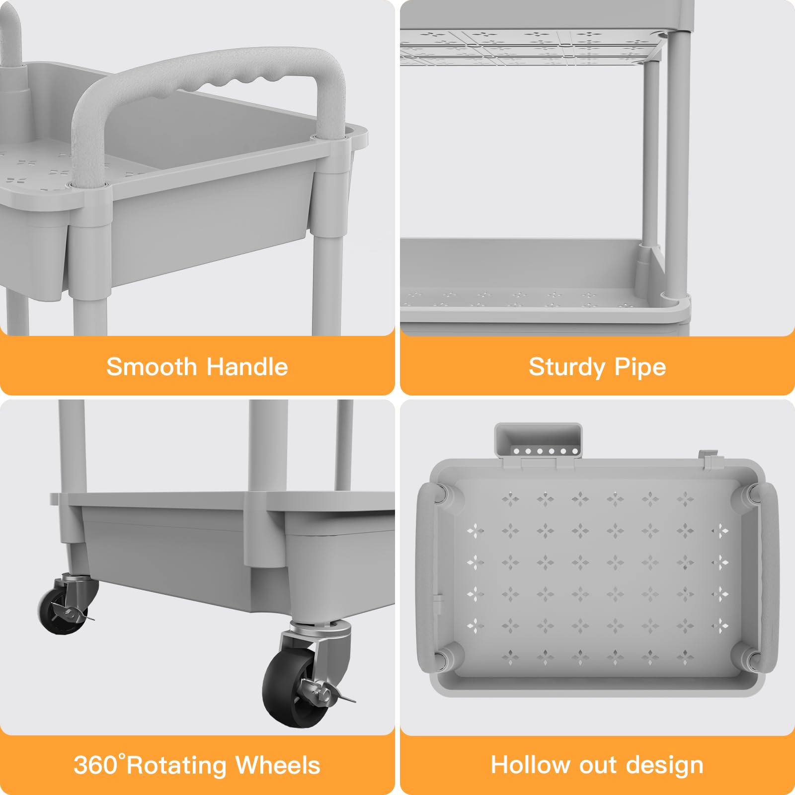 4 Tier Rolling Utility Cart with Handle - REBECAT Multifunctional Storage Organizer for Kitchen, Bathroom, Living Room & Office (Gray) | Mobile Storage Solution for Home & Workspace Organization