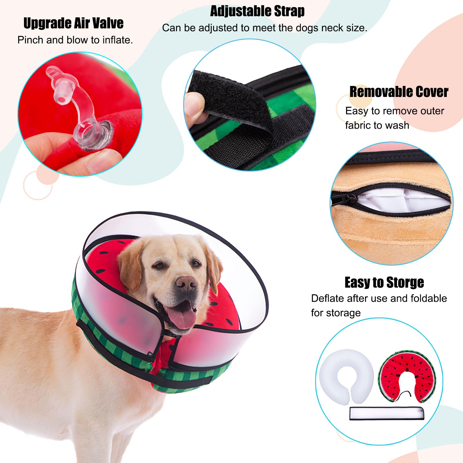 **Inflatable Dog Cone Collar for Surgery Recovery - Soft Anti-Licking Neck Donut for Small, Medium & Large Dogs & Cats (Watermelon, Large) - Post-Surgery Comfort & Wound Protection**    *Use Case: Ideal for post-surgery recovery, wound healing, and preventing pets from licking or scratching injuries.*