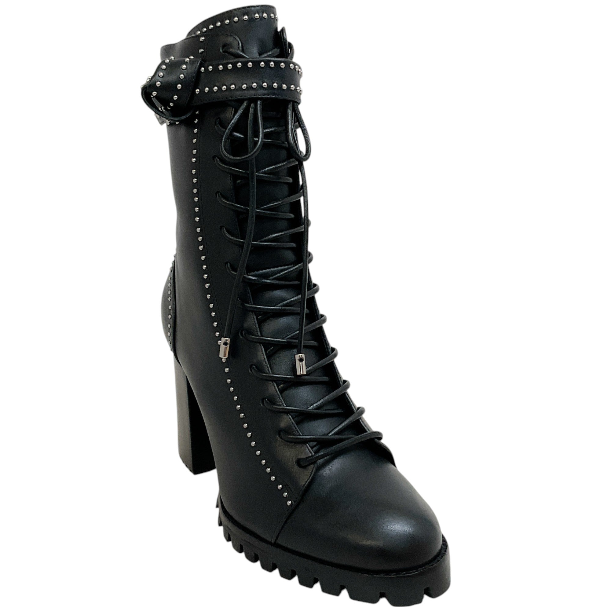 Alexandre Birman Black Studded Lace Up Evelyn Heeled Boots for Women | Fashionable Punk Rock Ankle Boots | Perfect for Night Out, Parties & Street Style