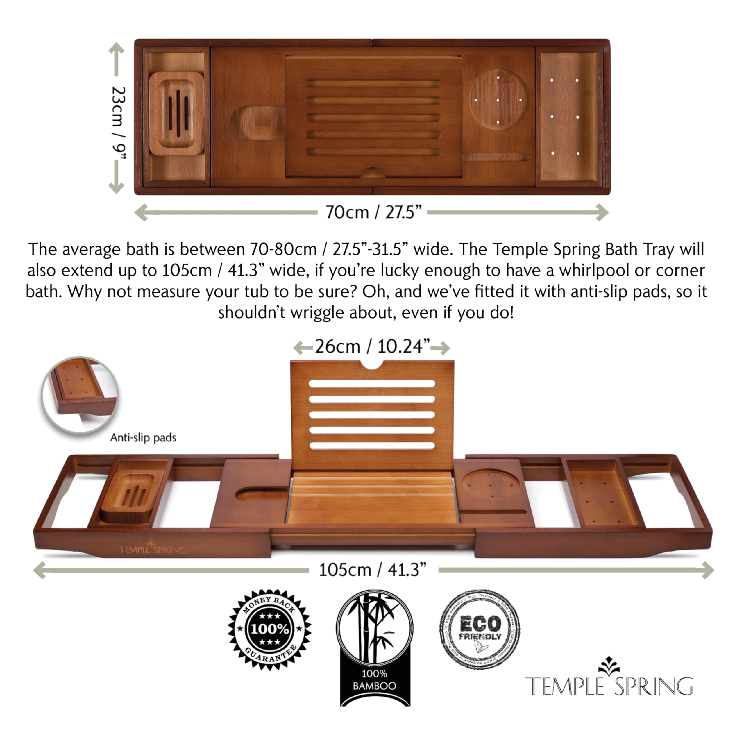 Premium Bamboo Bathtub Tray - Natural Wooden Bath Caddy with Non-Slip Design for Spa Relaxation, Bathroom Essentials & Home Decor - Perfect for Reading, Wine Glass Holder & Bath Accessories Organization (Wood Brown)