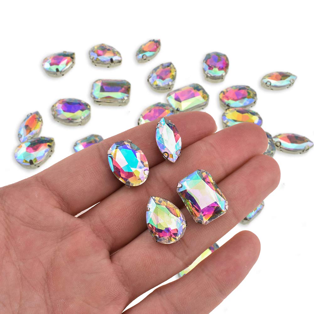 24-Piece Hahiyo Sew On Rhinestones Set - High Transparency Glass Mixed Shapes Crystal Gems with Metal Back Prong Setting for Jewelry Making, Dress Decoration, Arts & Crafts | Perfect for DIY Projects, Gift Giving & Costume Accessories