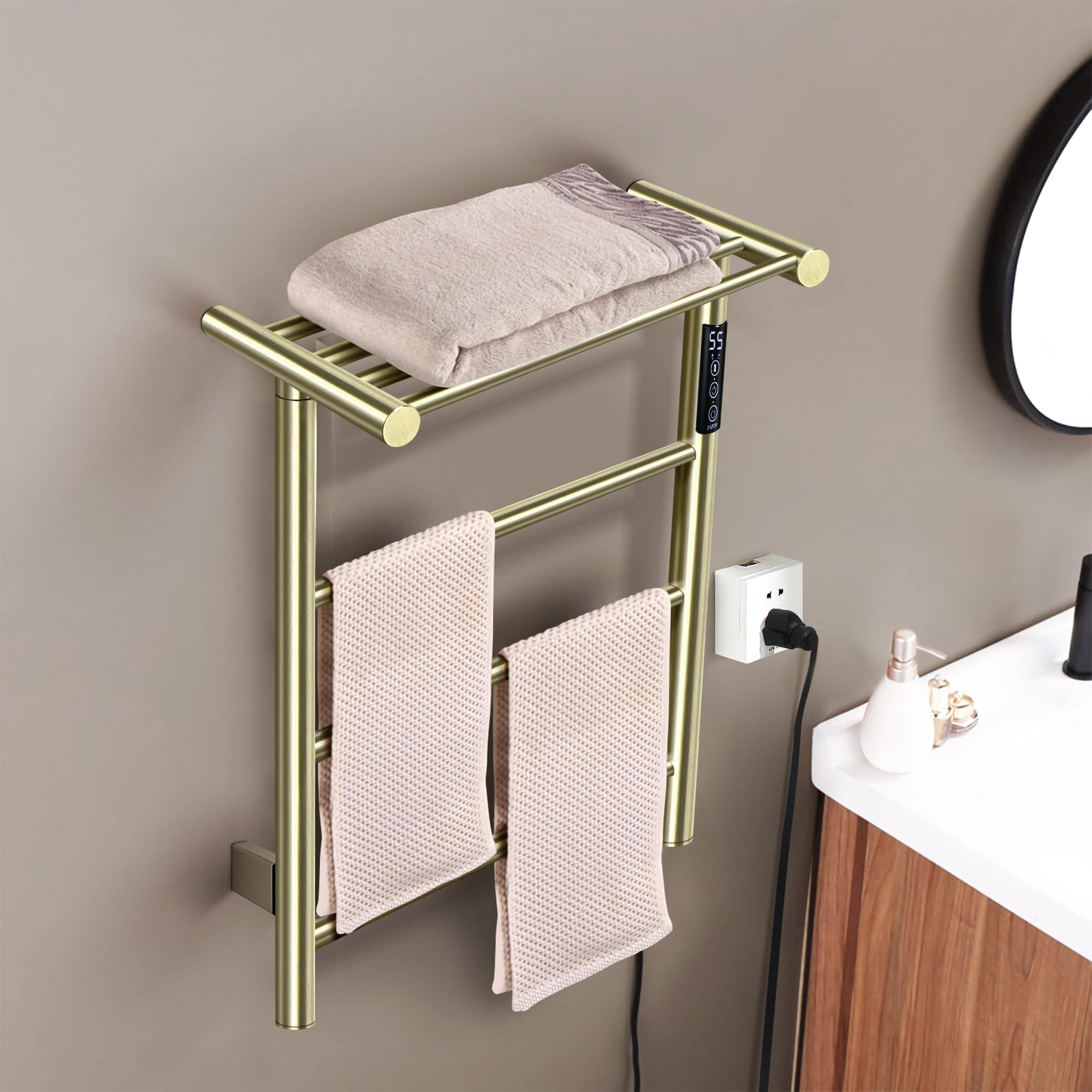 Stainless Steel Electric Towel Warmer - Wall Mounted Heated Towel Rack with 3 Bars, Built-in Timer & Brushed Gold Finish | Perfect for Bathrooms, Spas & Luxury Home Decor