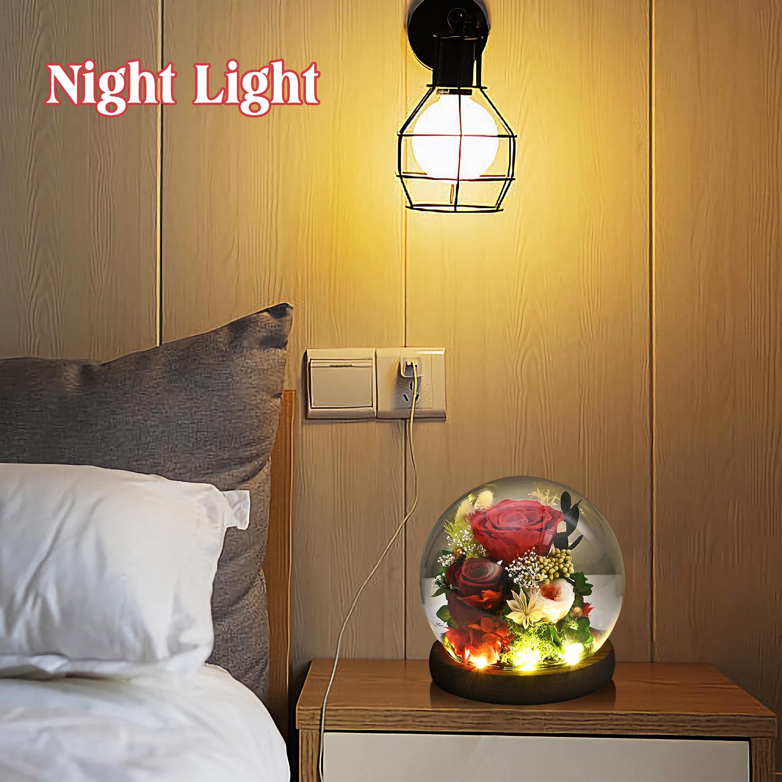 Elegant Rose in Glass Dome with LED Light - Romantic Gift for Women, Mom, Grandma, Girlfriend, Wife - Perfect for Anniversaries, Valentine's Day & Home Decor