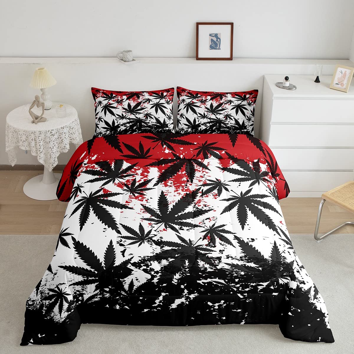 **Premium Cannabis Leaf Comforter Set - Soft Marijuana Weed Leaf Duvet Cover with Botanical Plant Print in Black, White & Red - Twin Size Bedding for Cozy & Stylish Home Decor - Perfect for Stoner Aesthetic, Dorm Room or Bohemian Bedroom**