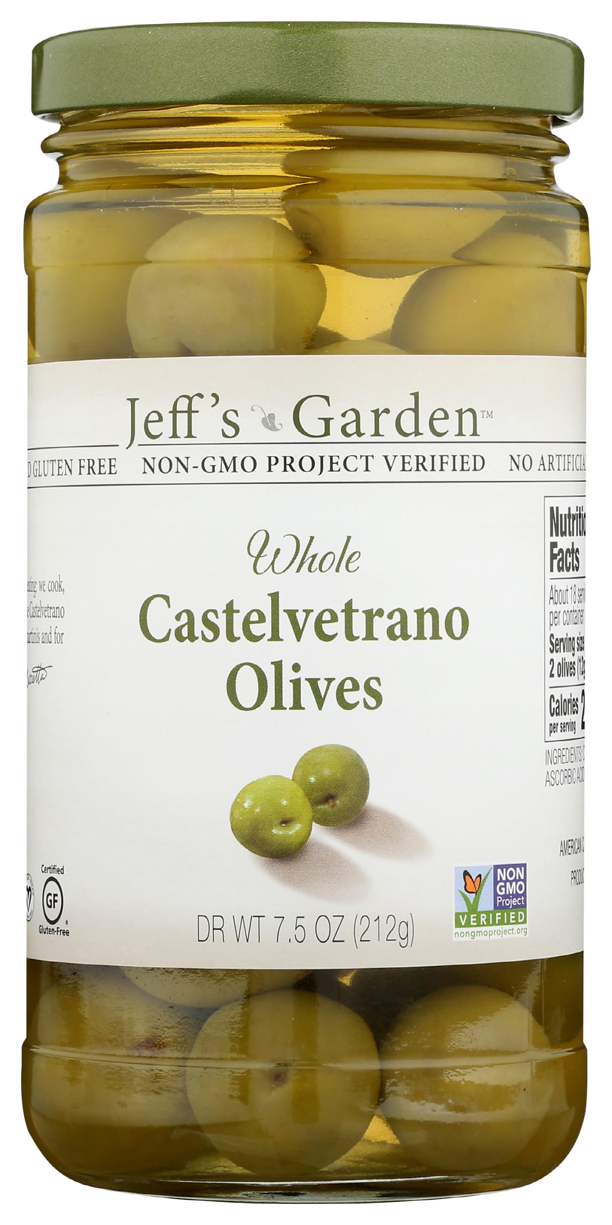 Jeff's Naturals Whole Castelvetrano Olives, 7.5 oz (212g) | Premium Italian Green Olives | Perfect for Salads, Charcuterie Boards & Mediterranean Recipes