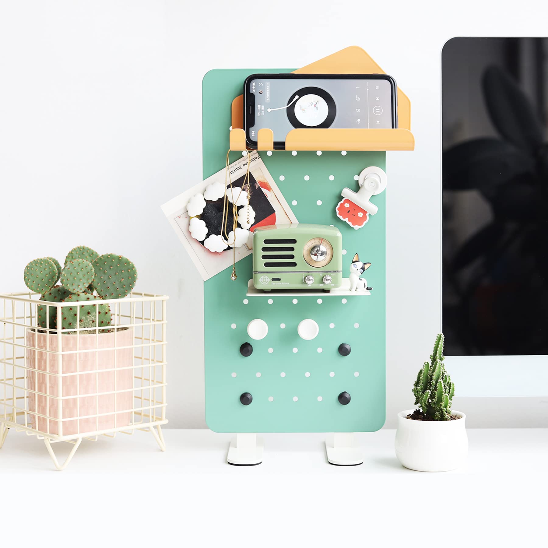 Cute Green Metal Office Pegboard Desk Organizer - TRAUST Desk Top Organizer for Women, Funko Pop Shelf & Craft Storage | Stylish Office Decor & Workspace Organization Accessories for Home & Office Use