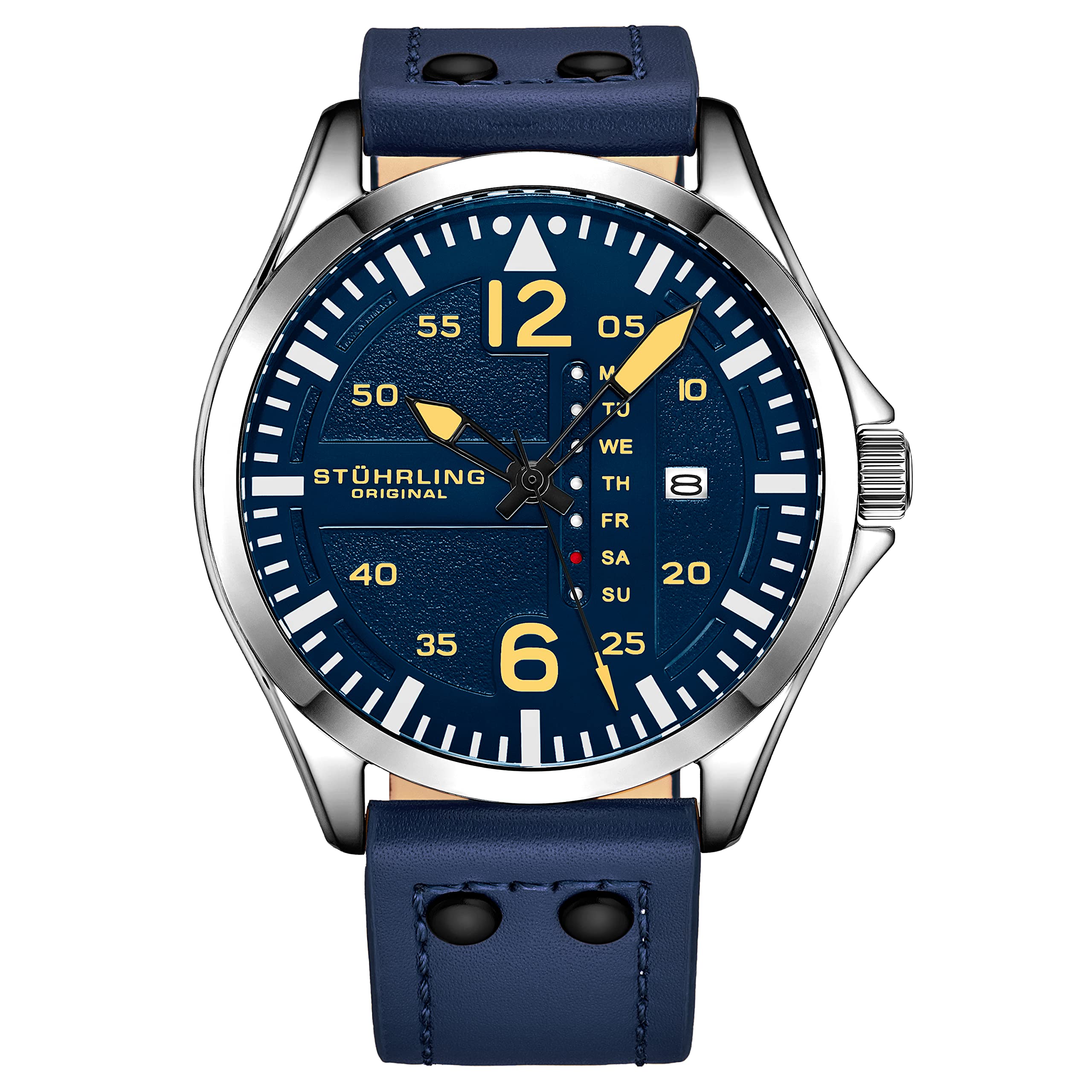 Stuhrling Original Men's Aviation Leather Watch with Quick-Set Day-Date & Steel Rivets - Blue Leather Band for Business, Casual & Outdoor Activities