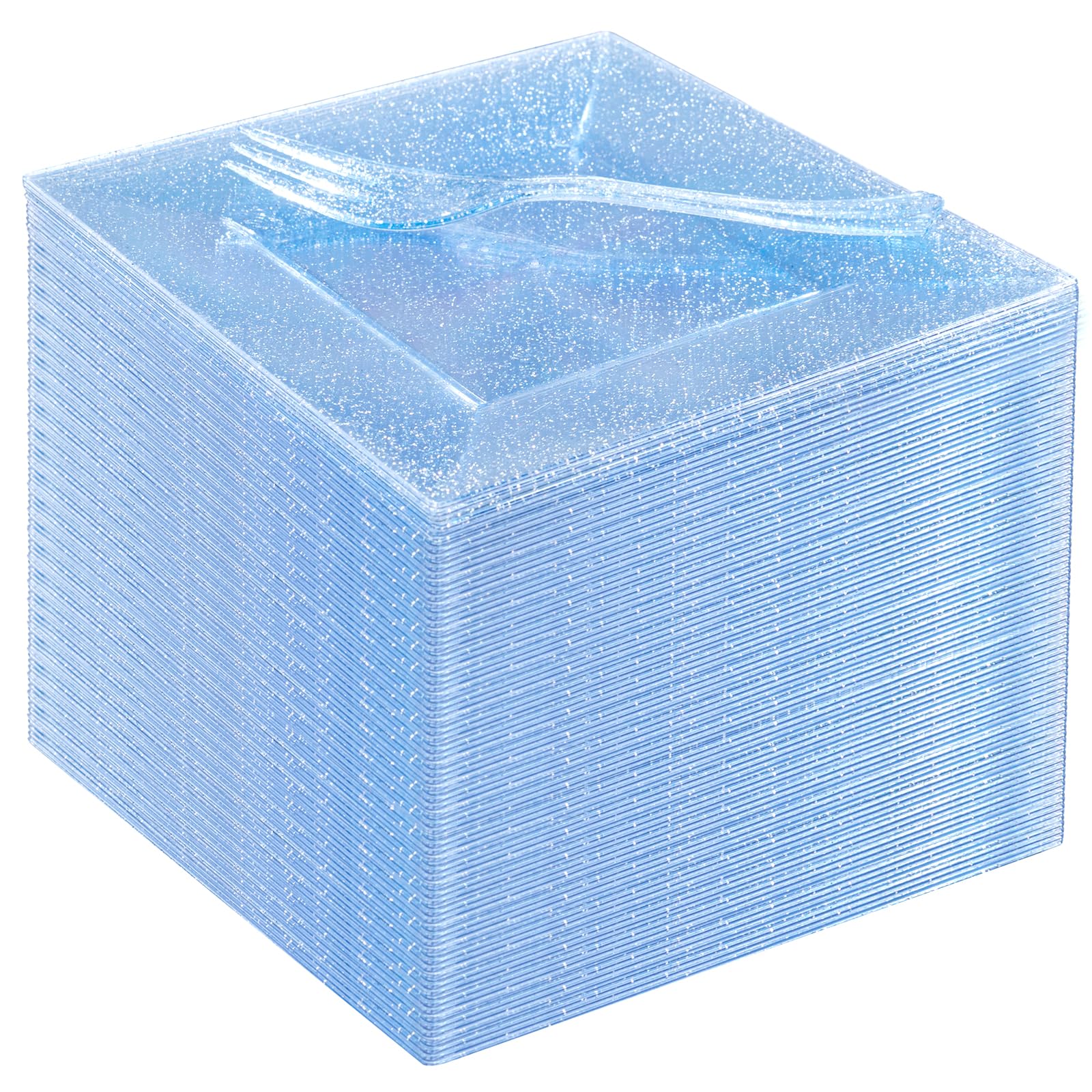 DaYammi 100-Pack Blue Glitter Disposable Dessert Plates 6 Inch with 100 Plastic Forks 5.7 Inch - Square Plastic Party Plates for 50 Guests - Elegant Appetizer & Cake Plates Set for Mother's Day, Birthday, Baby Shower & Wedding Celebrations