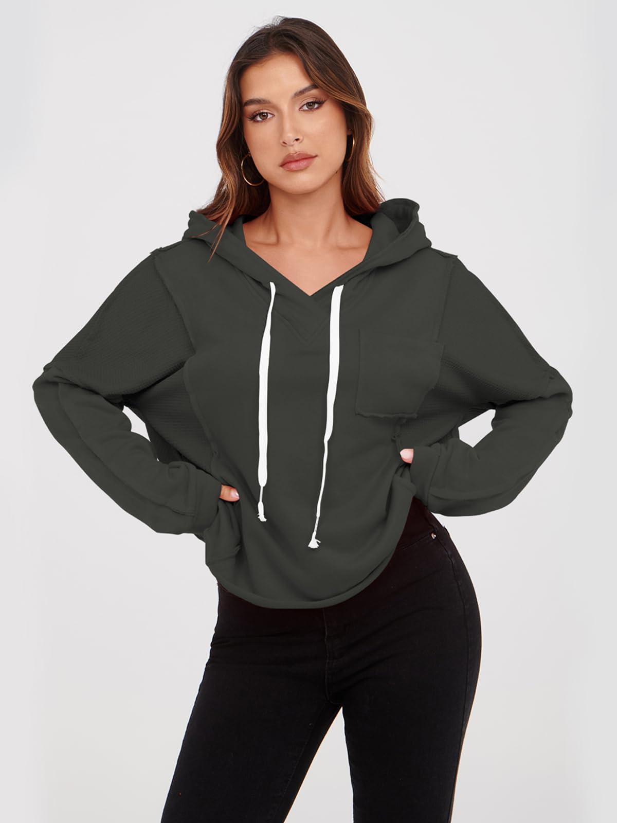 Poetsky Women's Casual V-Neck Waffle Knit Patchwork Hoodie - Loose Fit Long Sleeve Oversized Pullover Sweatshirt with Pocket | Cozy Fall & Winter Layering, Streetwear Fashion, Lounge Wear
