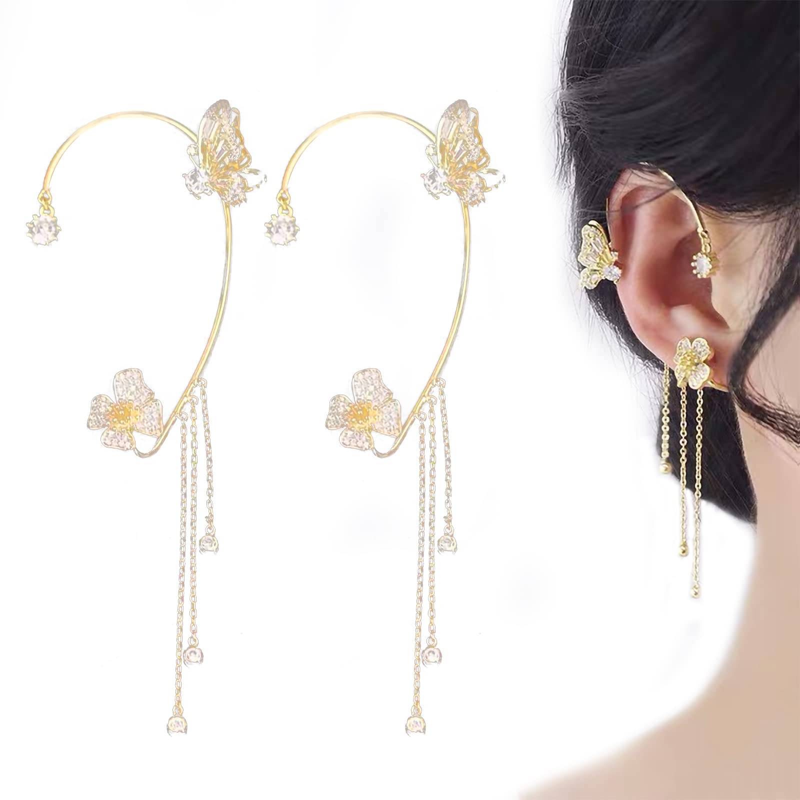 Butterfly Tassel Earrings for Women - Clip On Zircon Crystal Fashion Jewelry - No Piercing Elegant Gift for Girls & Women - Perfect for Parties, Weddings & Daily Wear