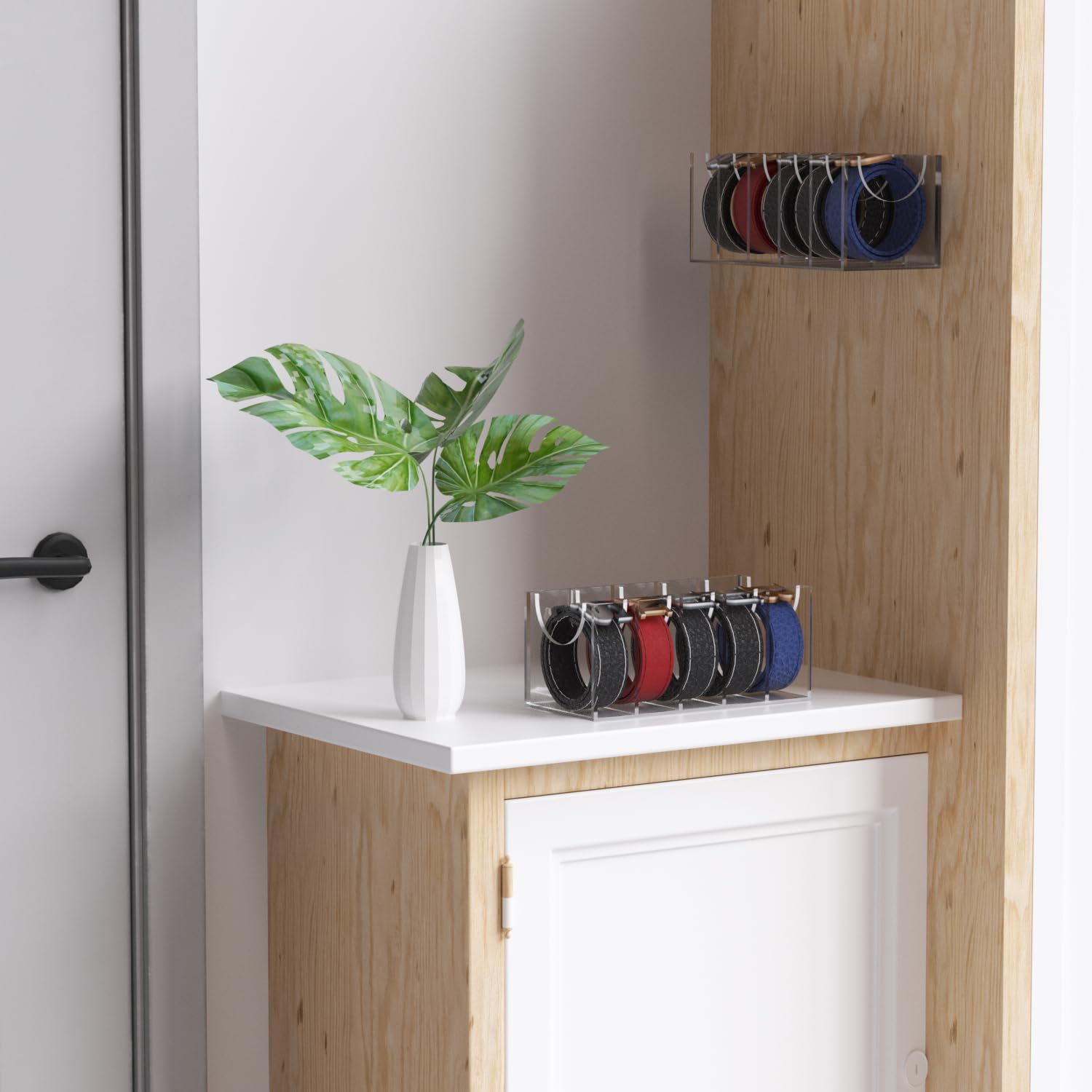 GTI Acrylic Belt Organizer - 5 Compartment Wall & Closet Storage Holder for Belts, Ties & Bow Ties | Clear Drawer & Display Case for Bedroom & Closet Organization