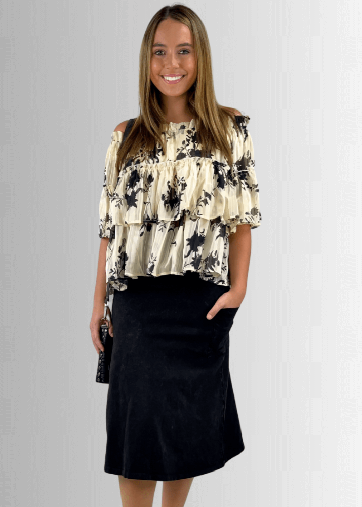 Alyssa Women's Black Denim Cotton Skirt - Versatile Stretch Midi Skirt for Casual, Office & Date Night Outfits