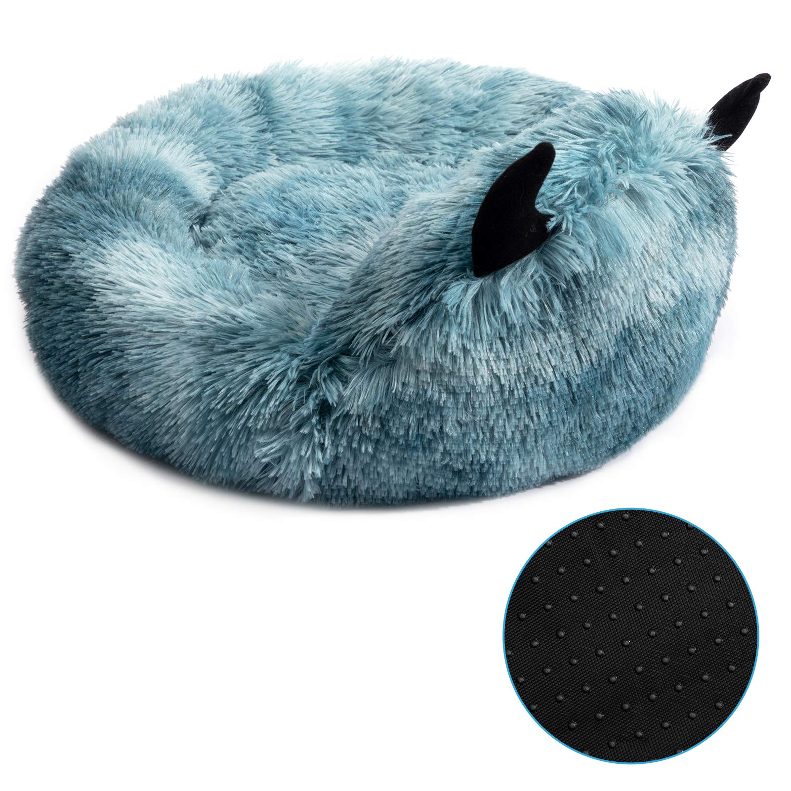 Hollypet Self-Warming Donut Pet Bed - Luxury Cozy Round Faux Fur Cat Bed with Non-Slip Bottom for Small Dogs & Cats - Perfect for Winter Napping, Lounging & Cuddling (Blue)