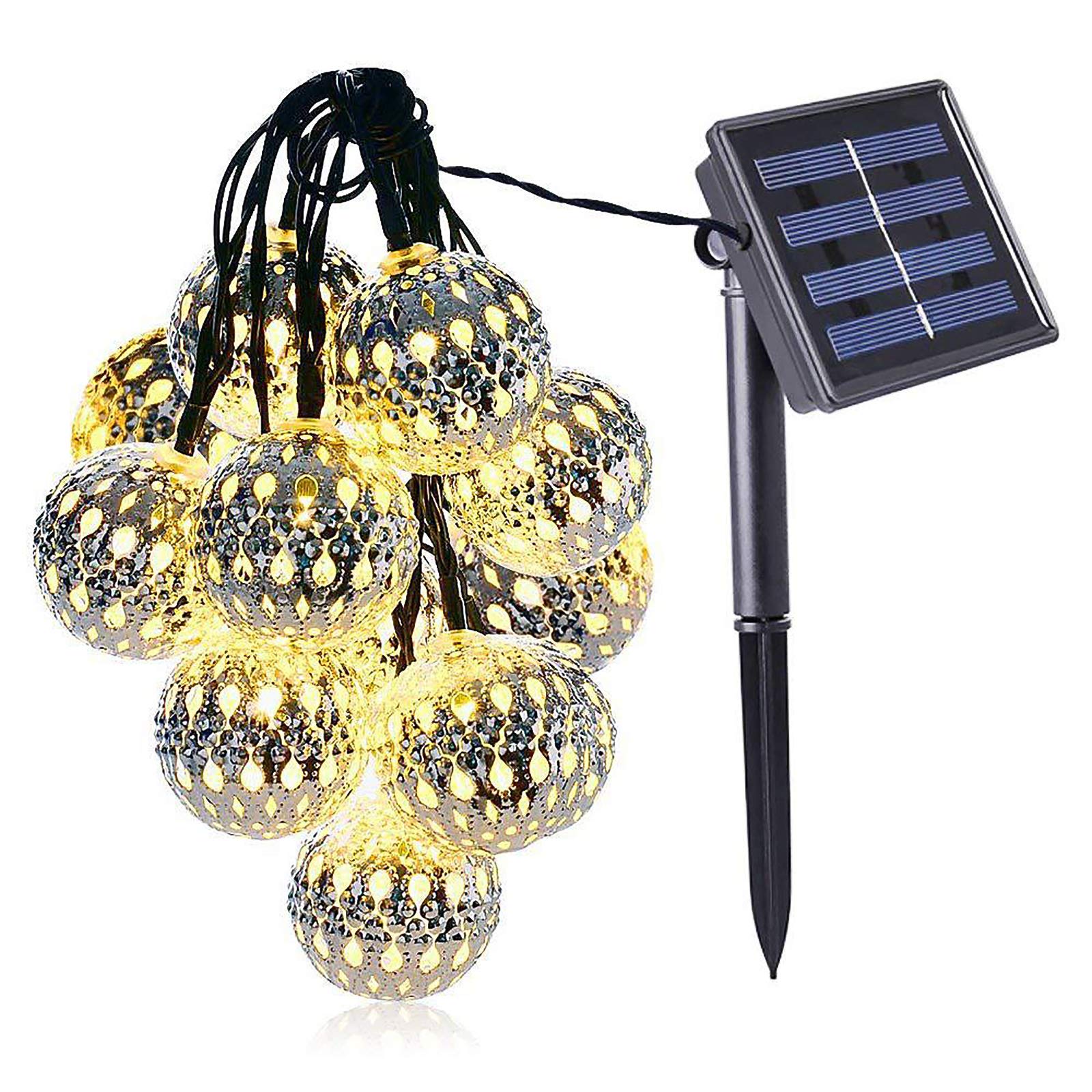 10 LED Solar Powered Waterproof String Lights - Silver Metal Moroccan Globe Fairy Lantern for Outdoor Garden, Patio, Wedding & Party Decor