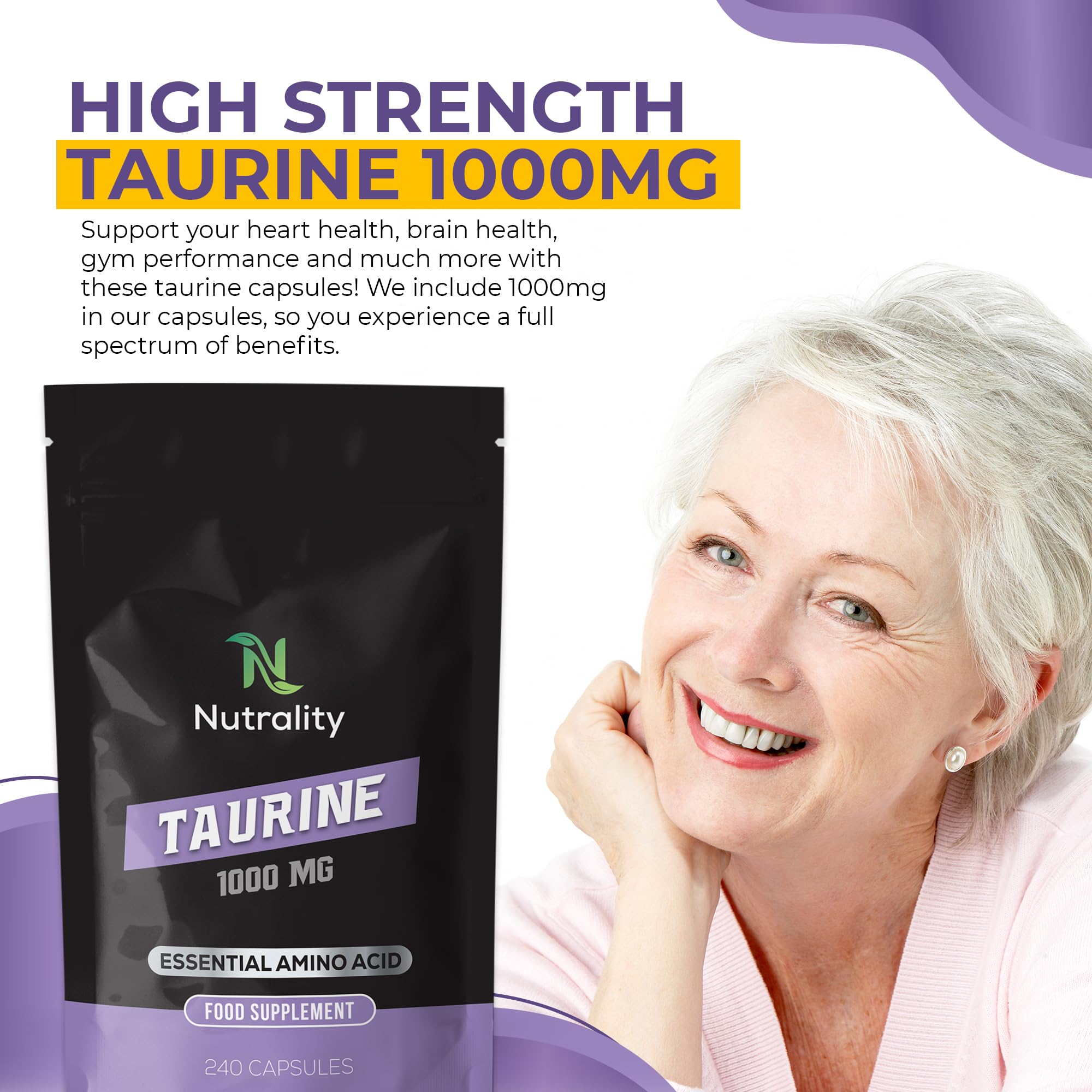 Nutrality Taurine Supplement 1000mg - Premium Energy & Endurance Booster | Vegan Amino Acid Capsules for Heart Health, Brain Function & Better Sleep | 240 Count | Great for Athletes, Students & Busy Professionals