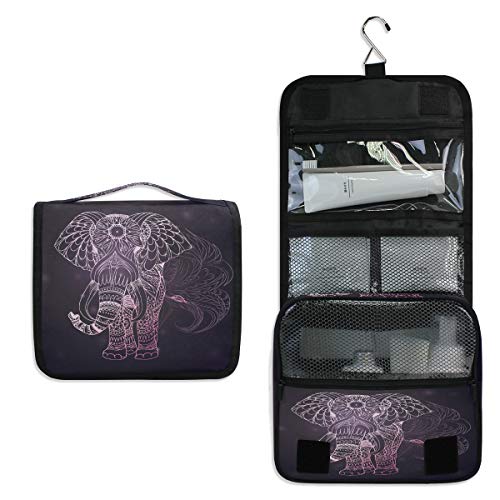 QMXO Hanging Travel Toiletry Bag - African Ethnic Elephant Design, Foldable Bathroom & Gym Organizer, Portable Cosmetic Wash Bag for Women & Girls | Perfect for Travel, Camping, and Daily Use