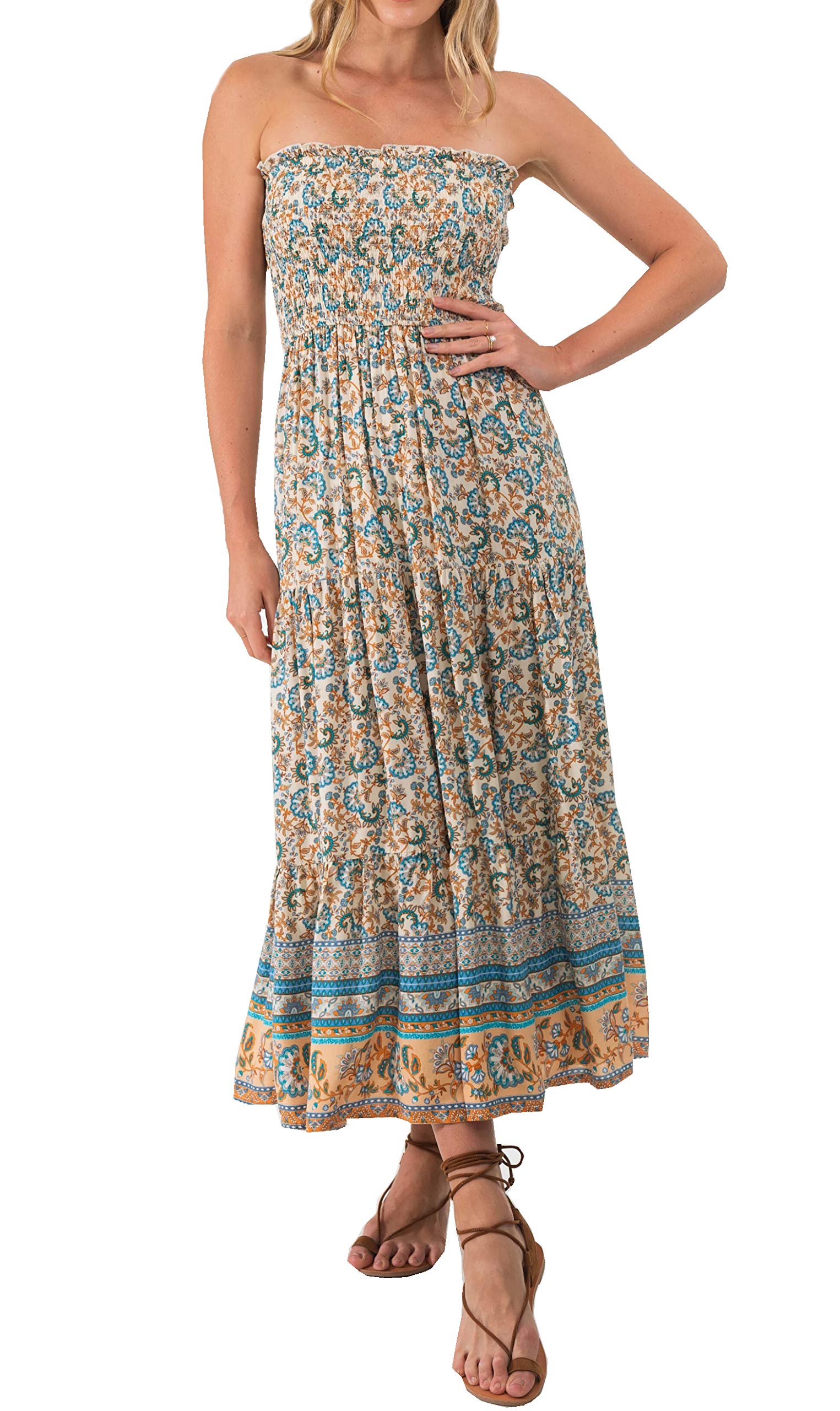 R.Vivimos Women's Summer Cotton Floral Print Strapless Boho Beach Casual Midi Tube Dress - Perfect for Vacation, Pool Party & Summer Outings