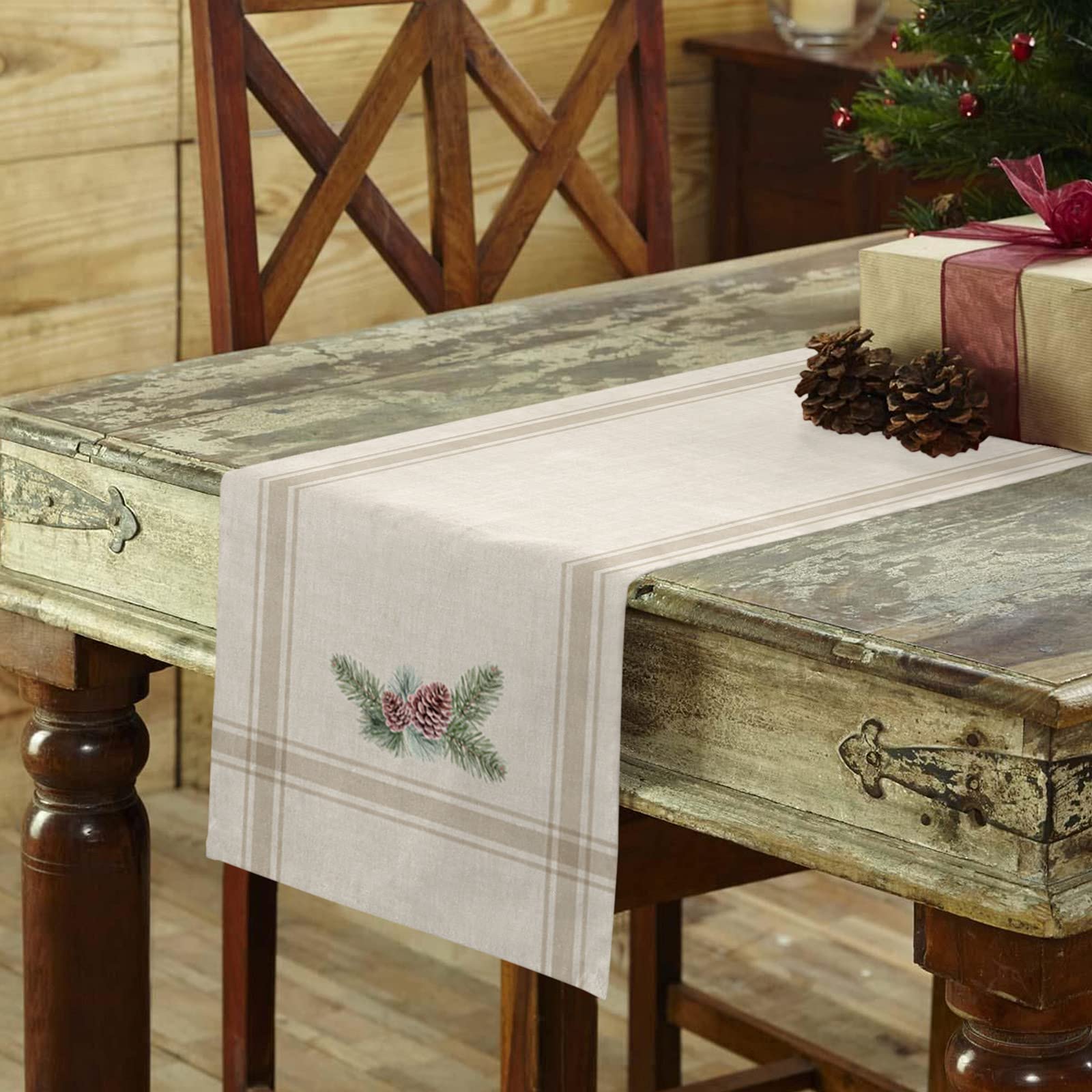 Christmas Winter Pine Tree Table Runner 36 Inch - Farmhouse Style Striped Grey Table Linen for Wedding, Coffee Table, Dining Holiday Party Decor - Heat Resistant Indoor/Outdoor Use - Perfect for Christmas Decorations, Winter Weddings & Cozy Farmhouse Dining
