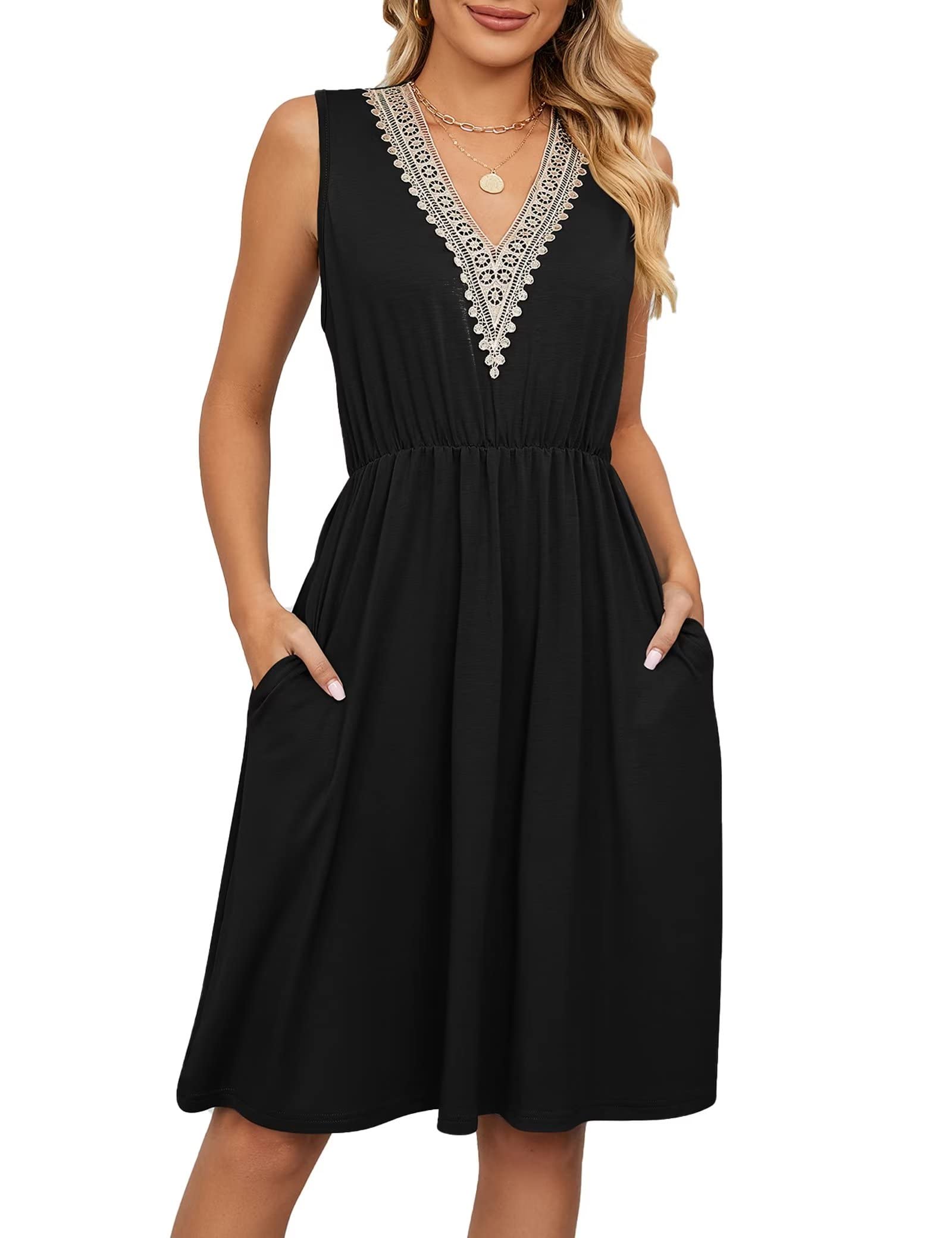 Women's Summer Dress - Solid Color V-Neck Lace Panel Sleeveless A-Line Dress with Pockets | Casual Beach Wear, Wedding Guest Outfit, Office Attire