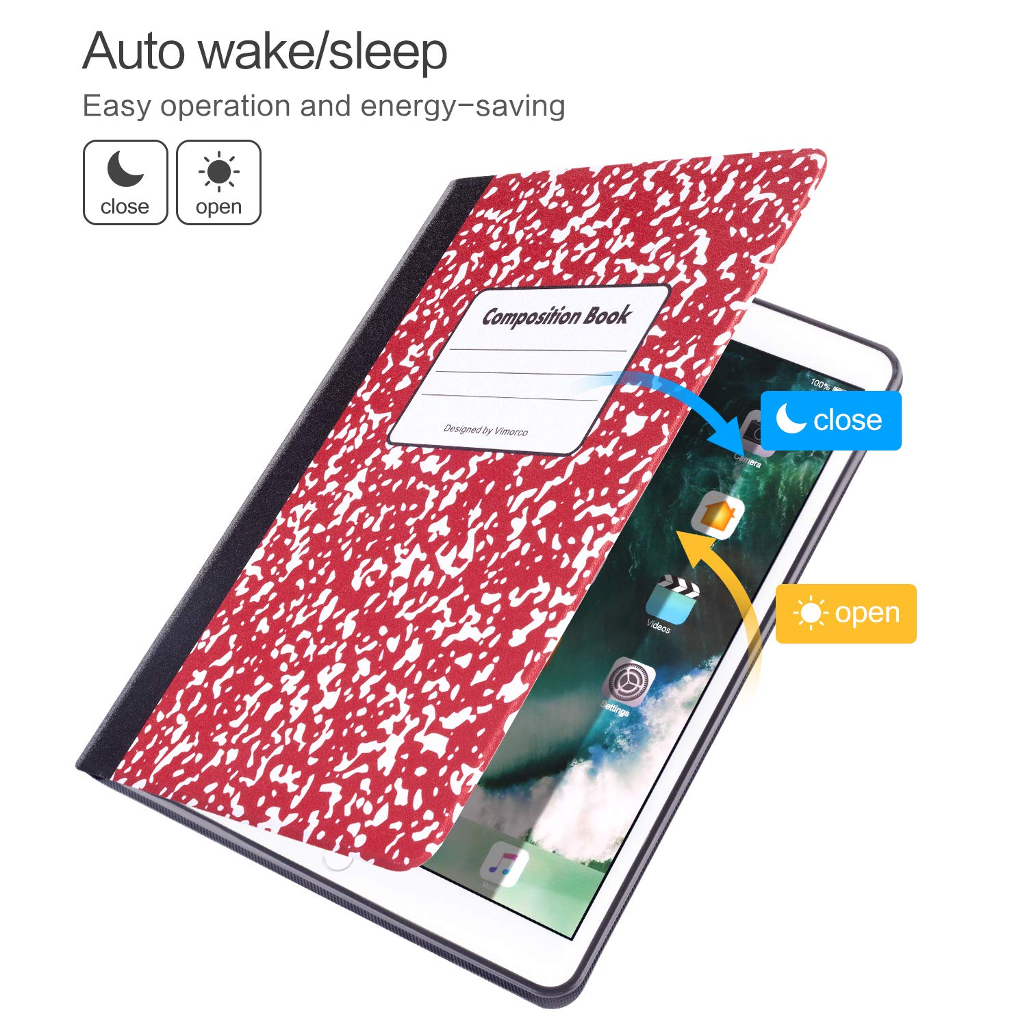 Vimorco Soft TPU Adjustable Stand Case for iPad Air/Air 2 (9.7 Inch) - Auto Wake/Sleep Protection Cover - Red Composition Book Design - Perfect for Work, Study & Entertainment