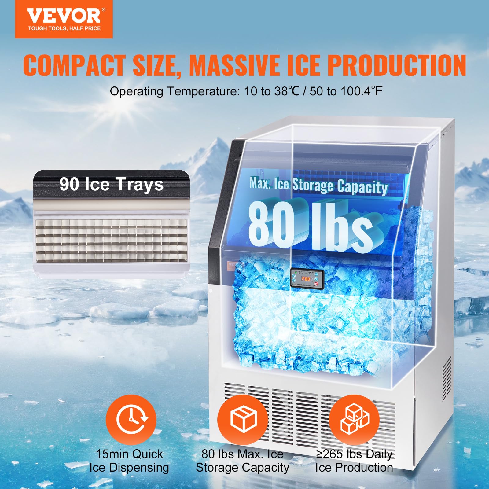 VEVOR Commercial Ice Maker Machine 265LBS/24H with 80LBS Storage - Fast 12-15 Minute Ice Production (90 Cubes) - Perfect for Bars, Restaurants, Home & Office Use - Countertop Ice Machine for Cocktails, Beverages & Food Display
