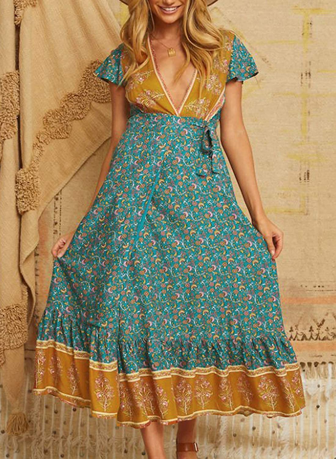 ZESICA Women's 2025 Bohemian Floral Print Wrap V-Neck Short Sleeve Split Maxi Dress for Beach Party, Summer Vacation, and Casual Outings