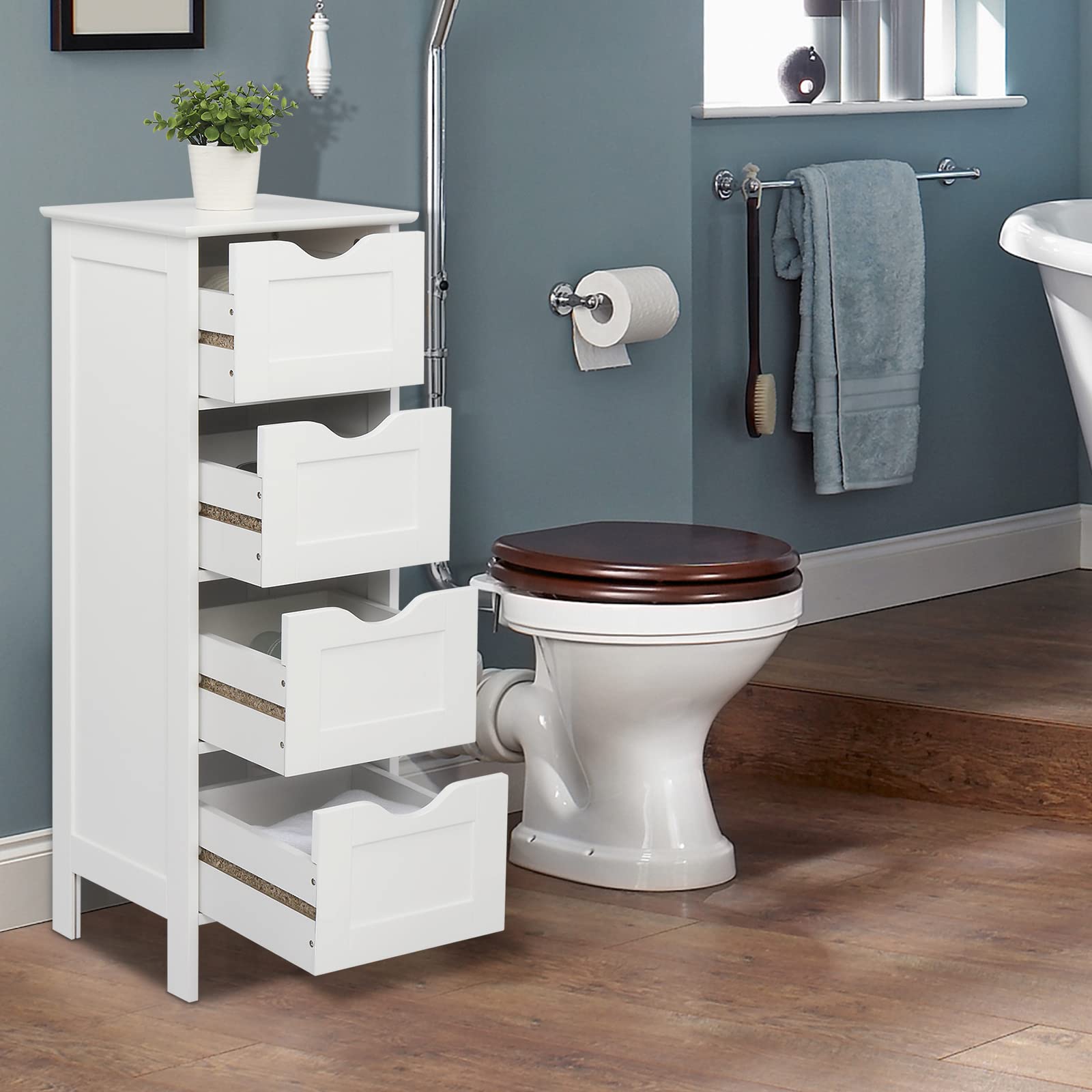 Freestanding Bathroom Floor Cabinet with 4 Drawers - White Storage Organizer for Bathroom, Bedroom & Living Room (11.8