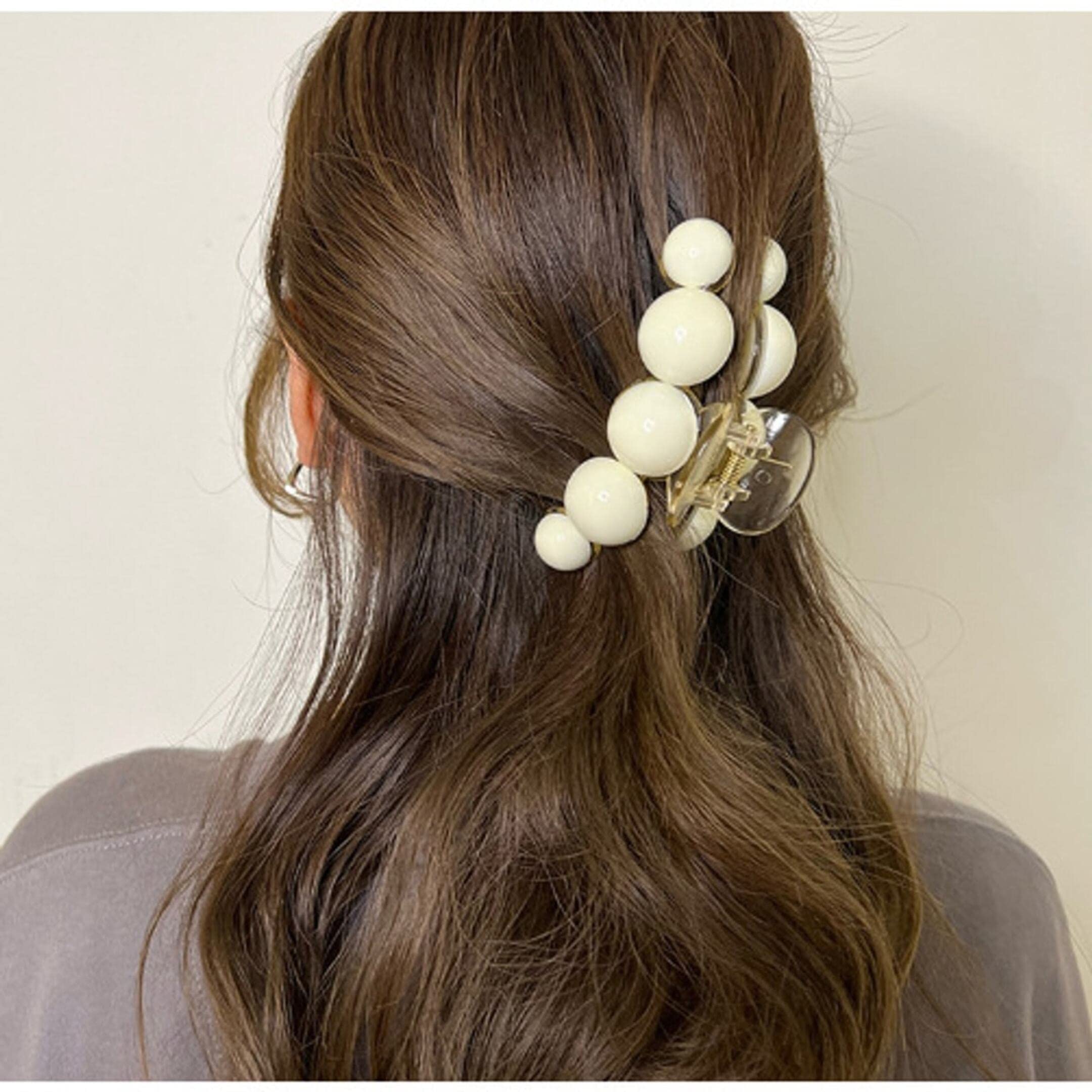 Korean Style Large Hair Claw Clip - RedChimes Thick Hair Clutcher for Women & Girls (Beige Pearl, 2 Pack) | Perfect for Ponytails, Buns & Everyday Hairstyles