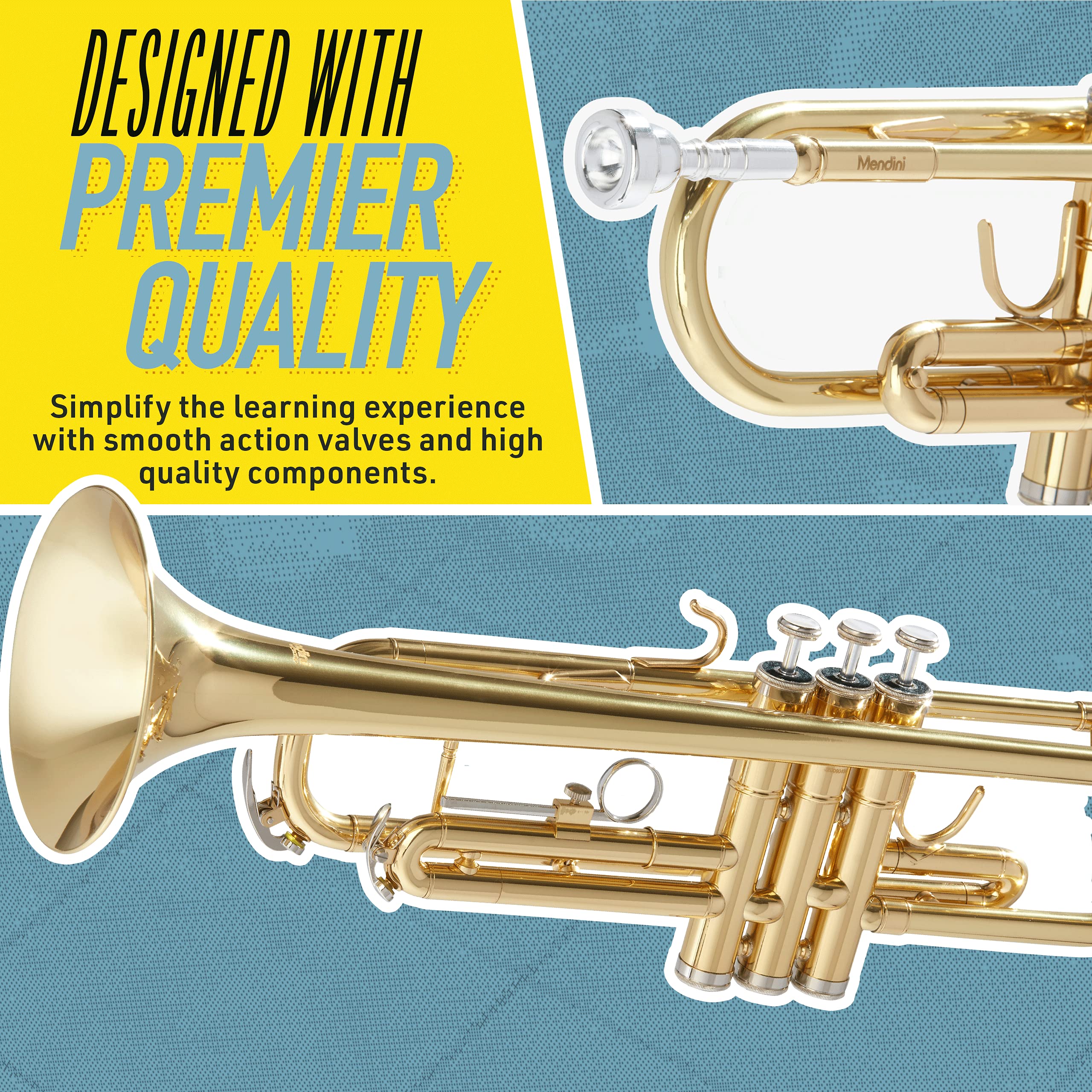 Mendini by Cecilio Bb Trumpet - Professional & Beginner Brass Instrument with Case, Cleaning Cloth, Valve Oil & Gloves - Perfect for Students, Kids & Adults - Ideal for School Bands, Jazz Ensembles & Home Practice