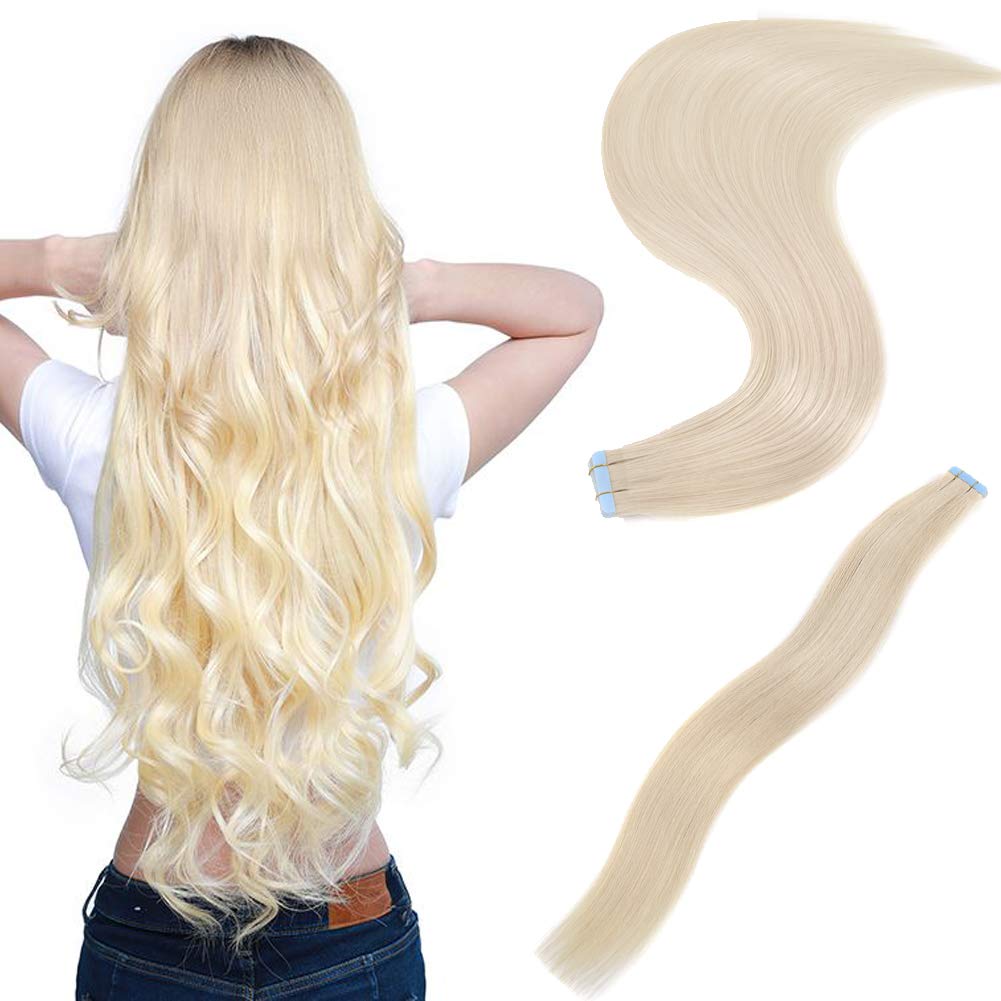 18 Inch Tape in Hair Extensions Human Hair - 12 Pieces Skin Weft Straight Natural Thick Hair Extensions with 20pcs Replacement Tape (50g, Lightest Blonde #613) for Daily Styling, Parties & Special Occasions