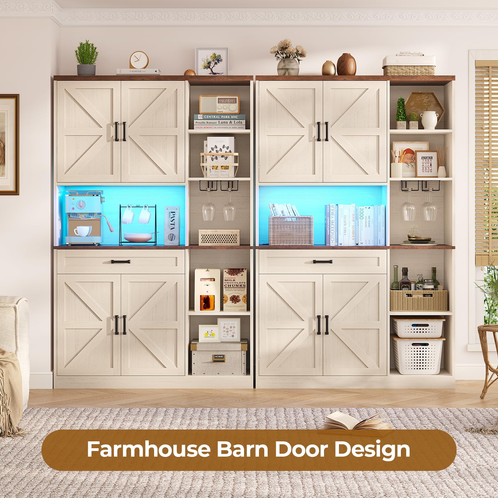 Farmhouse Kitchen Pantry Storage Cabinet with Bar Cabinet, Drawers & Adjustable Shelves - Freestanding Hutch for Kitchen, Dining Room & Living Room - Versatile Home Organization Furniture in Off White - Perfect for Small Spaces, Open Shelving & Rustic Decor