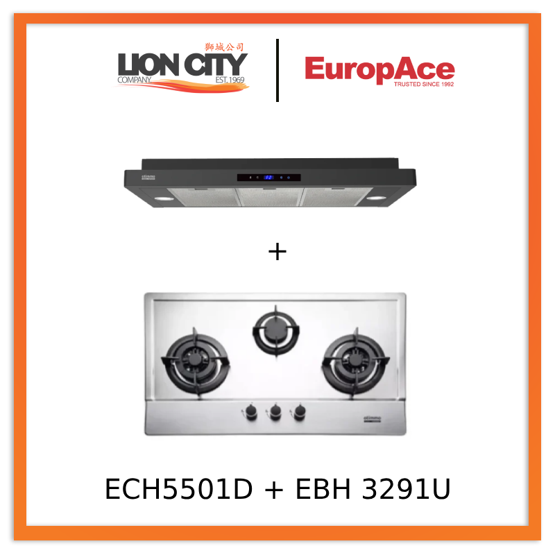 Europace ECH5501DBK 90cm Slimline Range Hood + EBH3391U Otimmo 3 Burner Built-in Gas Hob Cooker - Modern Kitchen Cooking Solution for Home Chefs and Compact Spaces