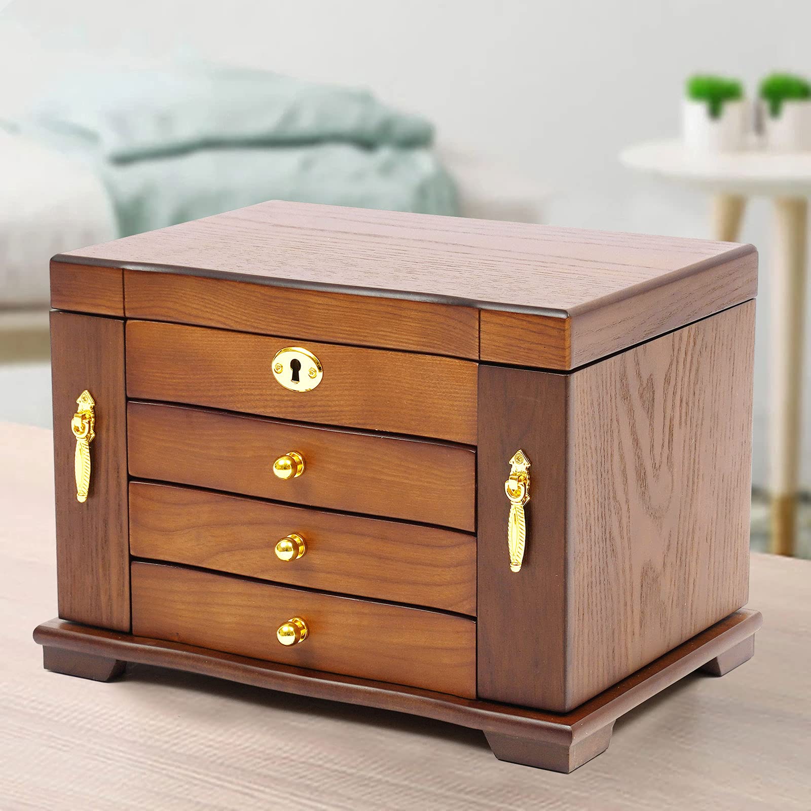 Futchoy Large Wooden Jewelry Box with Mirror & Lock - 4 Layers + 2 Swing-Out Cabinets, Desktop Jewelry Organizer for Earrings, Rings, Necklaces & Bracelets - Perfect Gift Box for Women, Home Decor & Bedroom Storage (10.23x6.88x7.67inch, Brown)