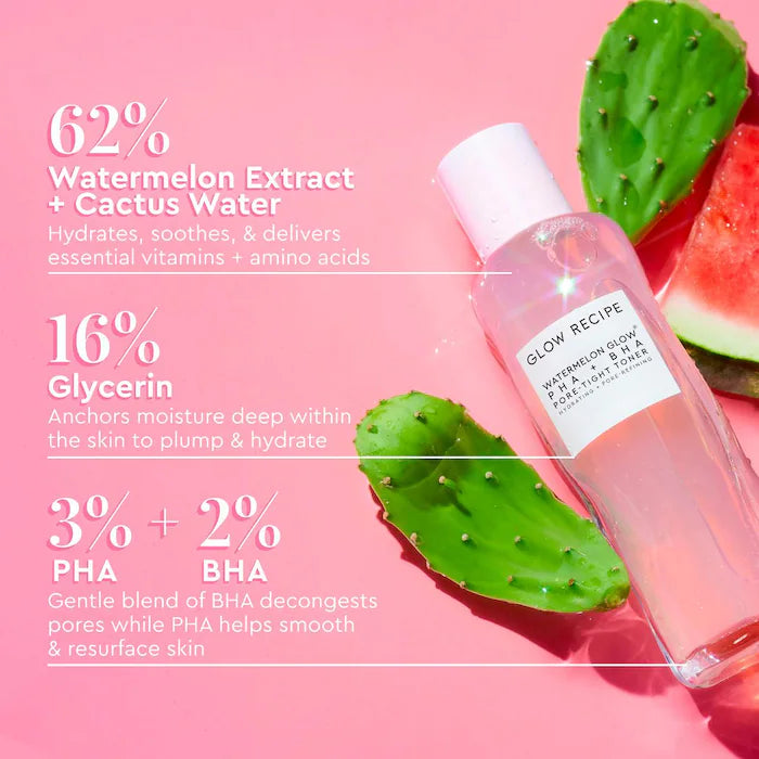 Watermelon Glow PHA + BHA Pore Minimizing Facial Toner | Glow Recipe | Hydrating & Brightening for Oily & Combination Skin | Daily Skincare Routine