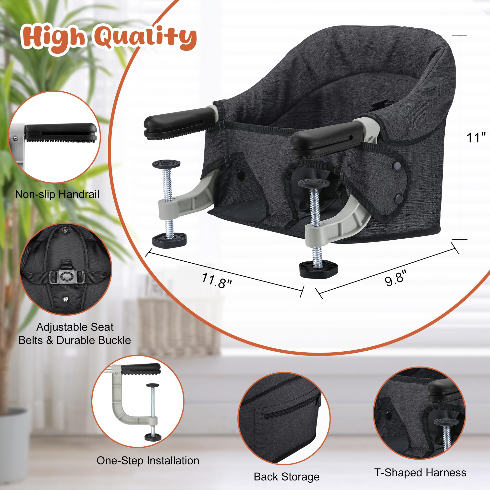 **Jozzve Hook On High Chair - Portable & Foldable Baby Feeding Seat with Storage Bag - Travel & Home Use - Ideal for Dining, Restaurants & Outdoor Activities (Black)**