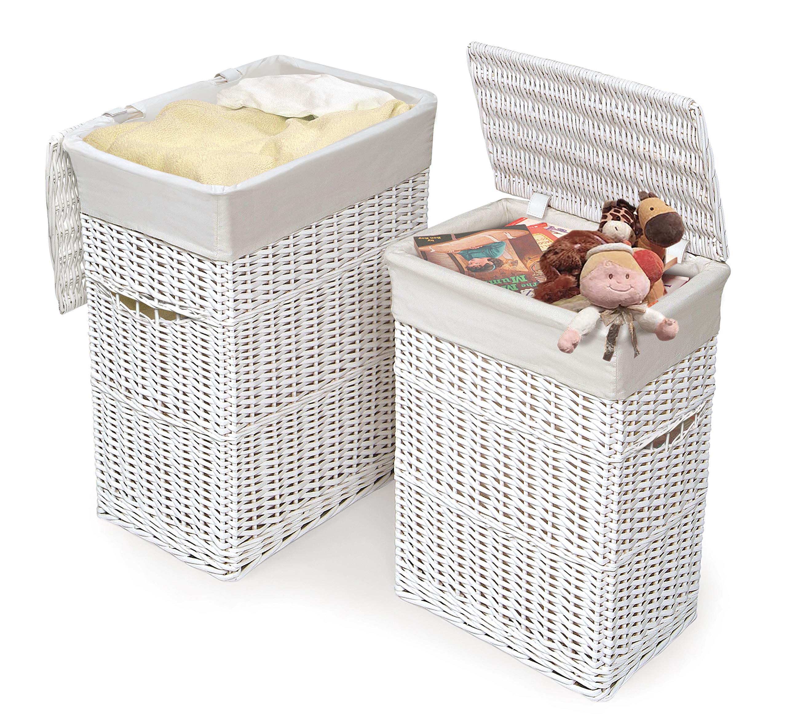 White Wicker Two Hamper Set with Removable Liners - Laundry Basket for Bedroom, Bathroom & Closet Organization