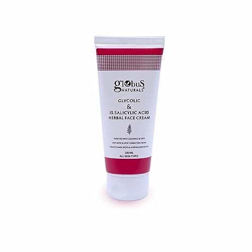 Globus Naturals Glycolic & 1% Salicylic Acid Anti-Acne Face Cream with Licorice & Oats - Reduces Dark Spots & Hyperpigmentation - 100gm Herbal Skincare for Clear, Glowing Skin - Perfect for Daily Acne Treatment & Evening Skin Tone