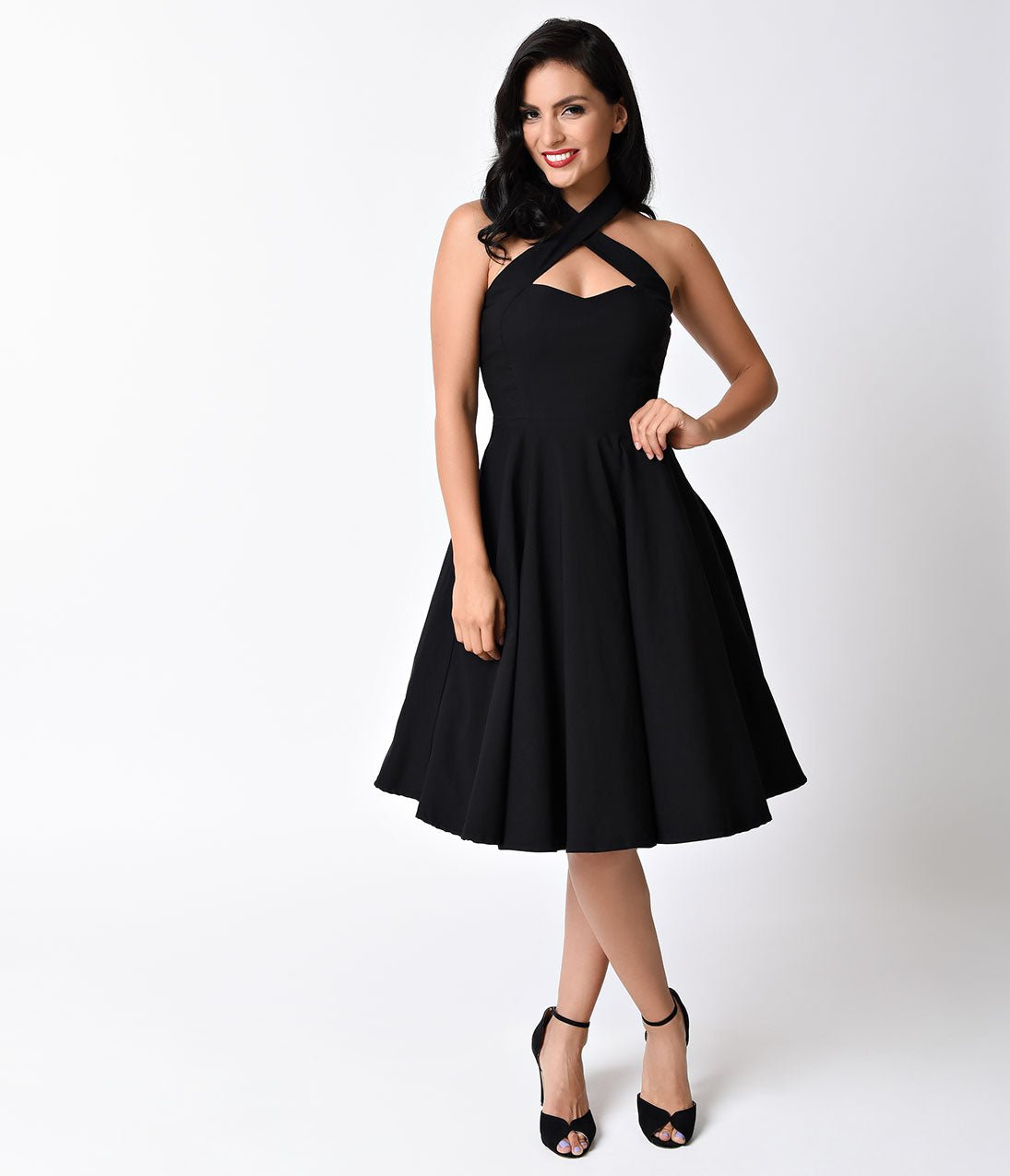 Vintage Black Criss Cross Halter Rita Flare Dress - Retro Style Party & Cocktail Dress for Women, Perfect for Date Night & Special Occasions