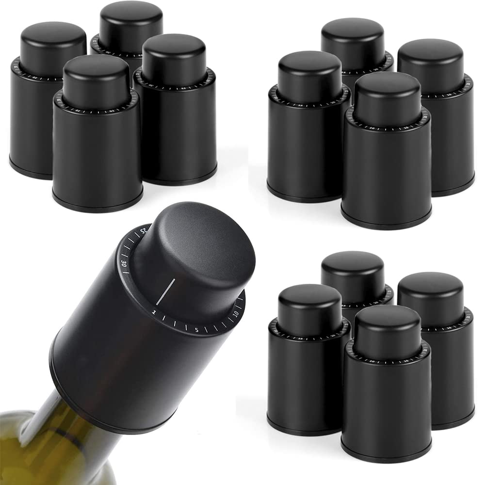 Loboo Idea Wine Vacuum Pump Stoppers - Vacuum Sealer Stoppers for Glass Bottles (Black, Large - 12 Pack) - Preserve Wine Freshness for Parties & Home Bars