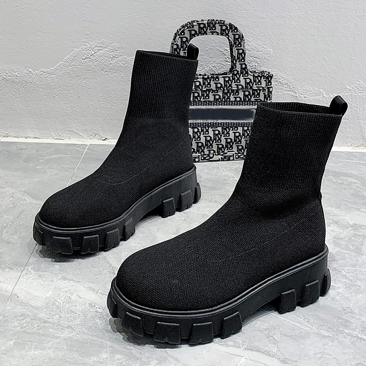 Goolita Women's Platform Ankle Boots with Lug Sole - Chunky Heel Slip On Chelsea Boots Round Toe Elastic Combat Booties for Casual Outfits, Fall Winter Fashion & Street Style
