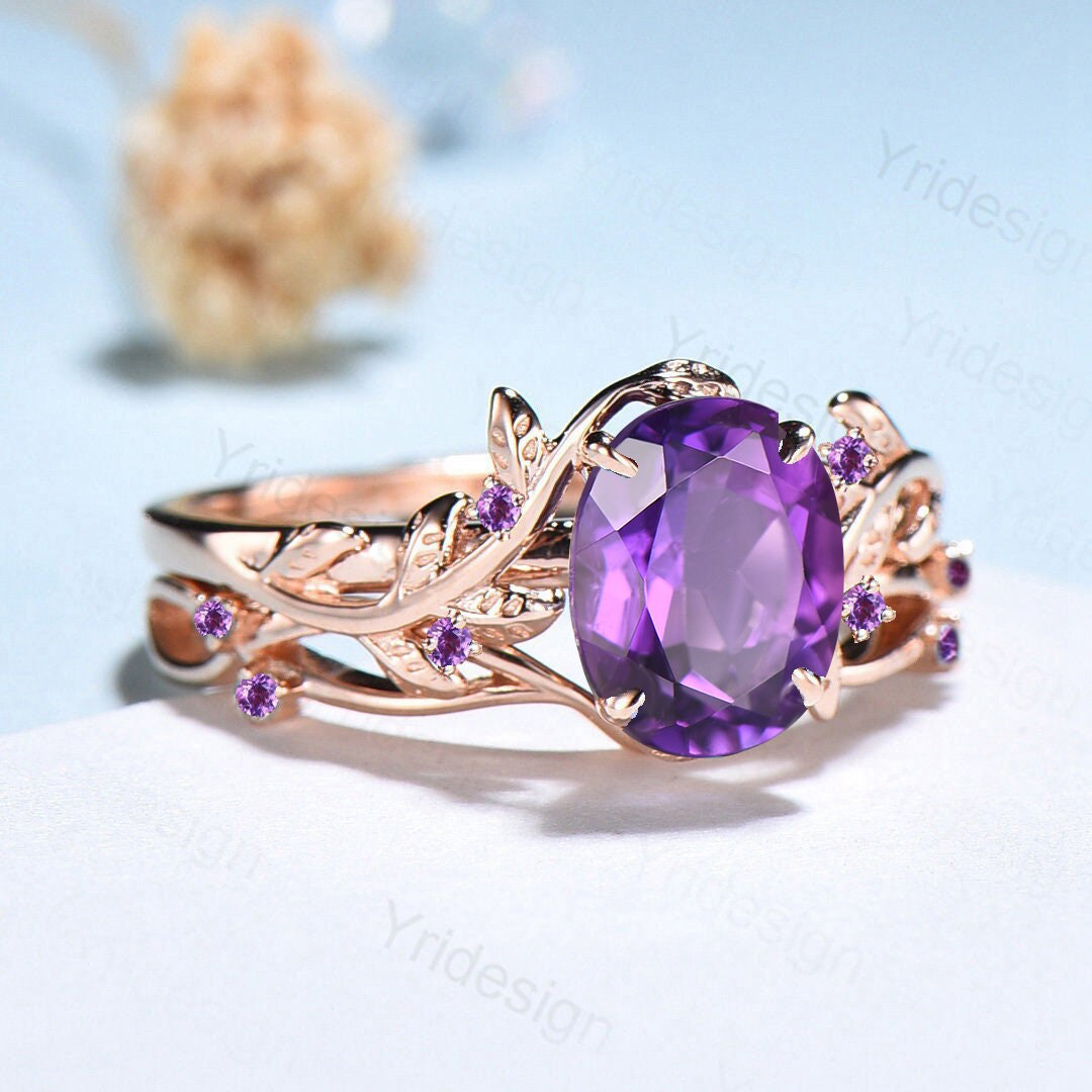 Nature Inspired Amethyst Ring Set - Rose Gold Cluster Vintage Engagement Ring with Purple Amethyst, Unique Leaf Crystal Wedding Jewelry for Women | Perfect for Bridal, Anniversary & Boho Fashion