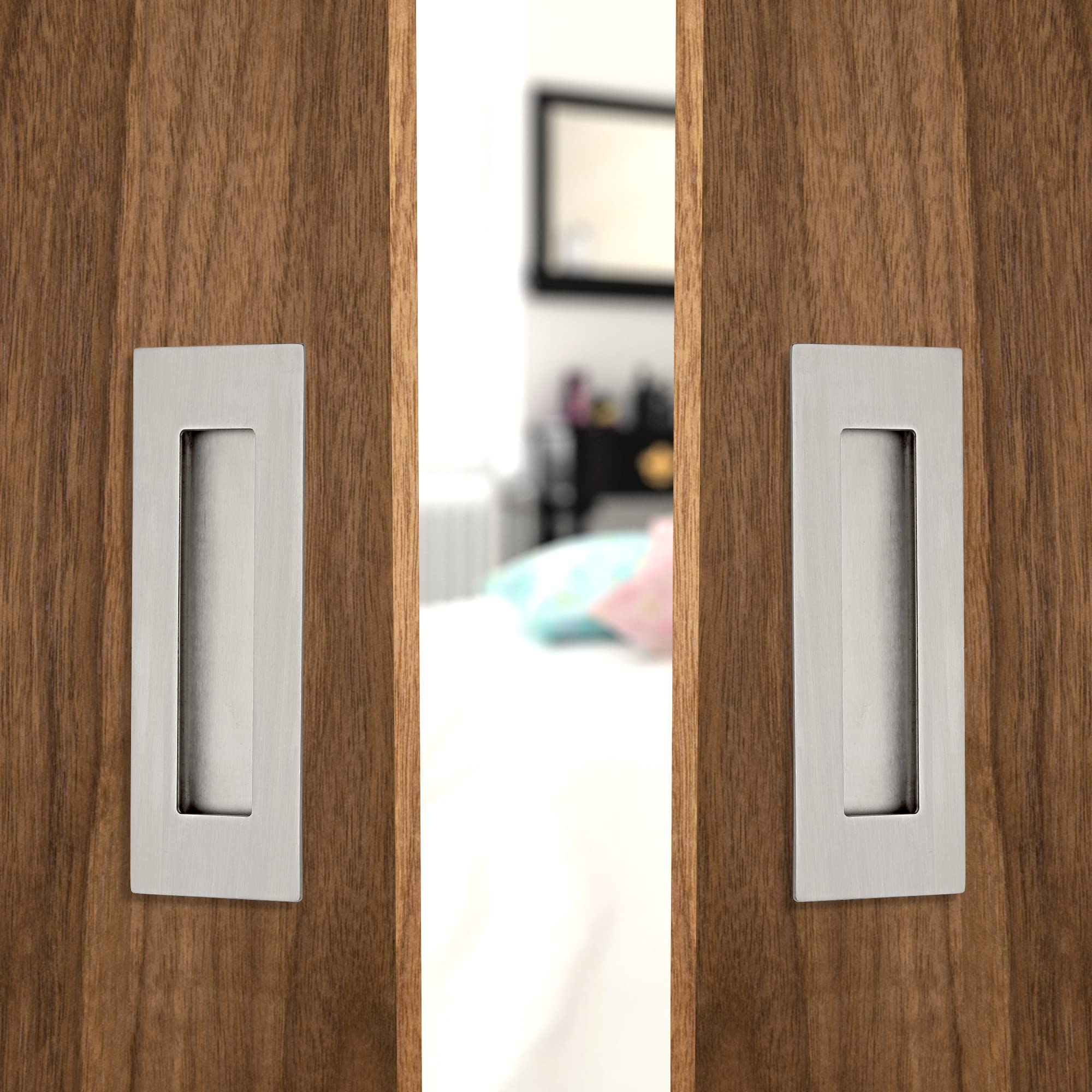 6 Inch Recessed Finger Flush Pulls for Pocket Door & Closet Door - Brushed Stainless Steel Sliding Barn Door Handles (2 Pack) - Perfect for Modern Home, Office & Cabinet Hardware Installation