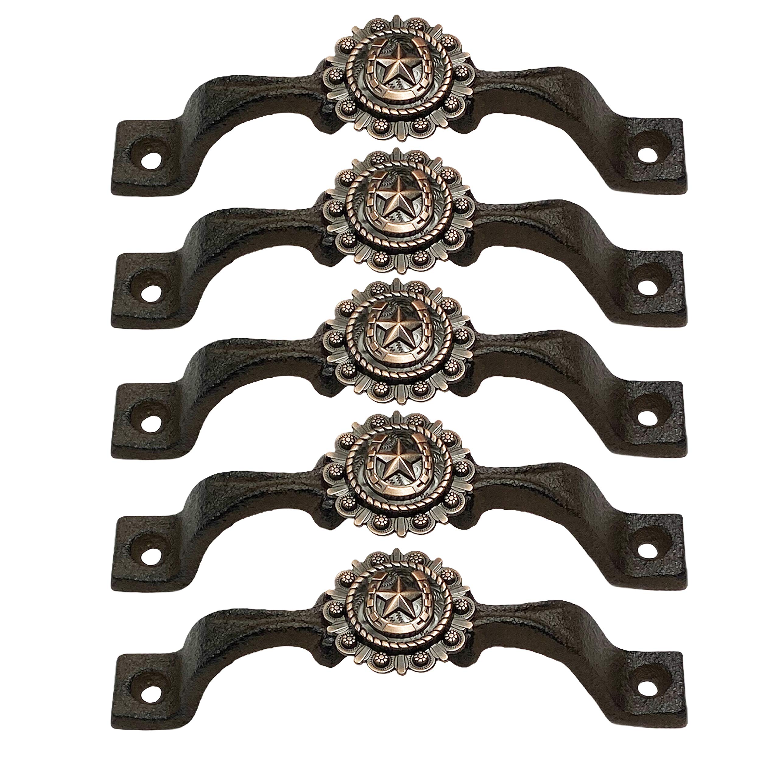 Western Style Cast Iron Cabinet Handles & Drawer Pulls - Horseshoe & Star Rustic Farmhouse Decor (5-Pack, Copper) - Perfect for Kitchen Cabinets, Dressers, and Country Home Renovations