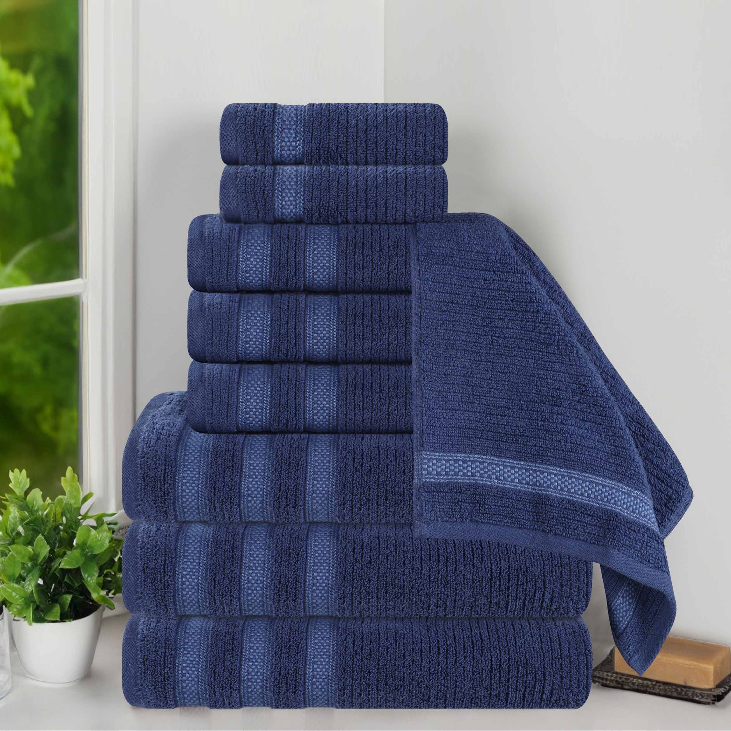 Premium 9-Piece Zero Twist Cotton Ribbed Towel Set with Geometric Border - Ultra Soft & Absorbent Bath, Beach & Spa Towels for Luxury Home & Hotel Use