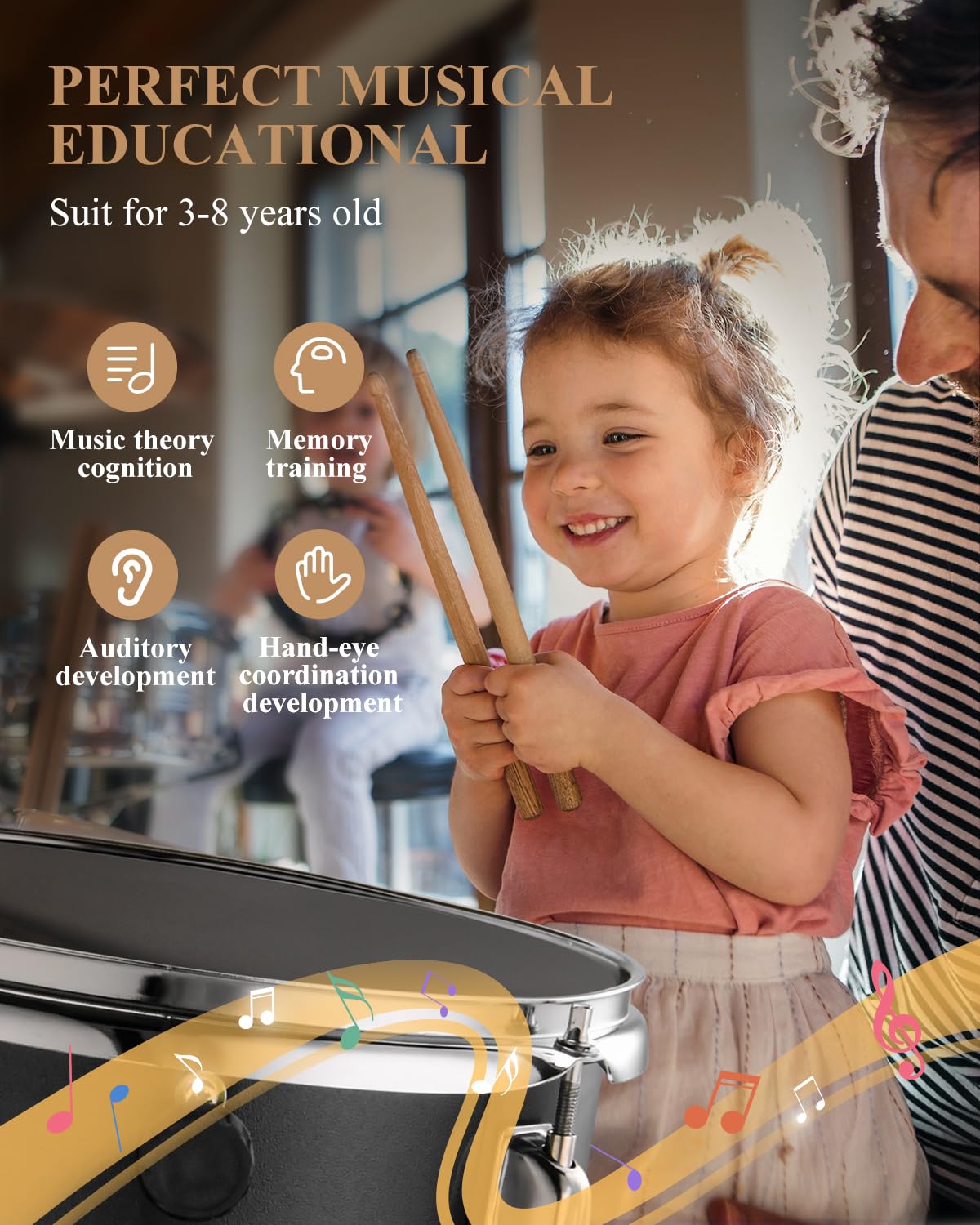 Eastar 14'' Kids Beginner Drum Set - 3 Piece with Bass, Tom, Snare Drum, Adjustable Throne, Cymbal, Pedal & 2 Pairs Drumsticks - Metallic All Black - Perfect for Home Practice, Music Lessons & First Drum Kit for Young Musicians