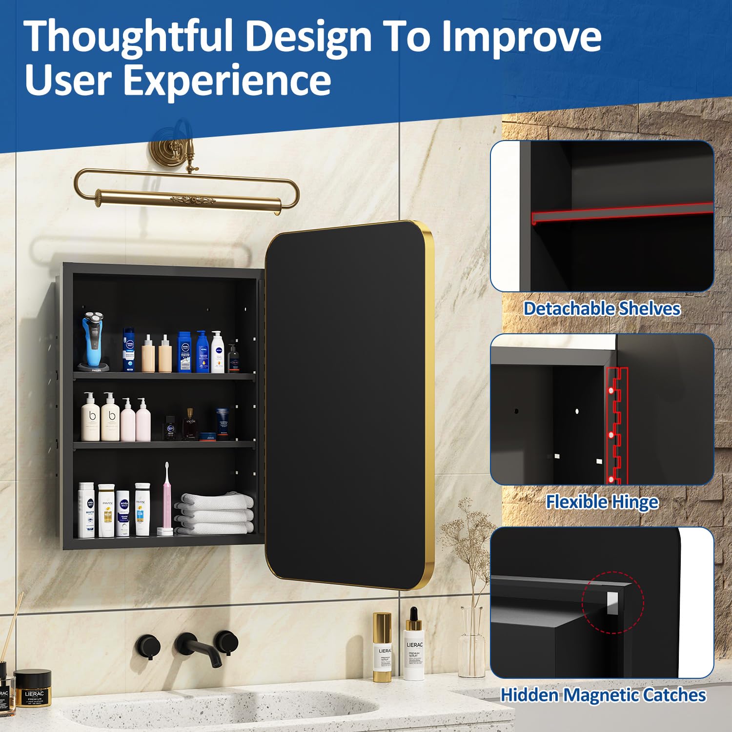 16x24 Inch Gold Metal Frame Bathroom Medicine Cabinet with Mirror - Recessed or Wall Mounted for Bathroom, Vanity & Makeup Area
