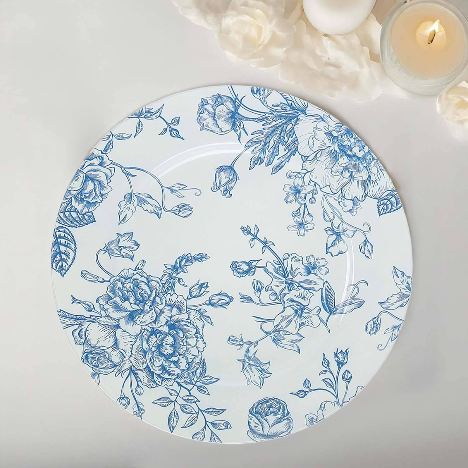 Efavormart 6 Pack White Blue Floral Acrylic Charger Plates - French Toile Pattern Round Dinner Plates for Wedding, Party & Holiday Decor - 13 Inch Elegant Table Setting Chargers