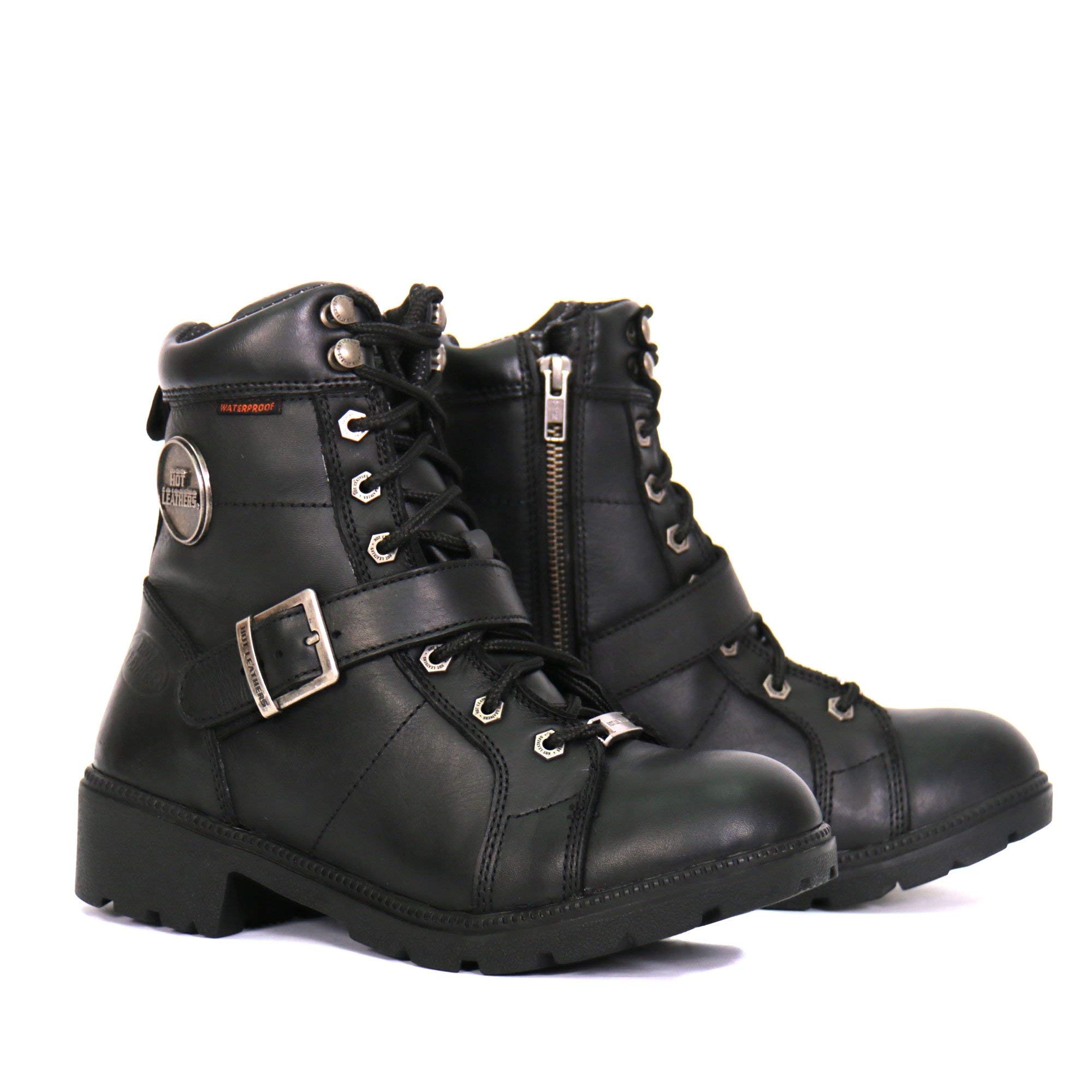 Hot Leathers BTL1004 Women's 6-Inch Black Lace-Up Leather Boots with Buckle Strap - Size 12 | Stylish Ankle Boots for Casual Outfits, Night Out & Fall Fashion