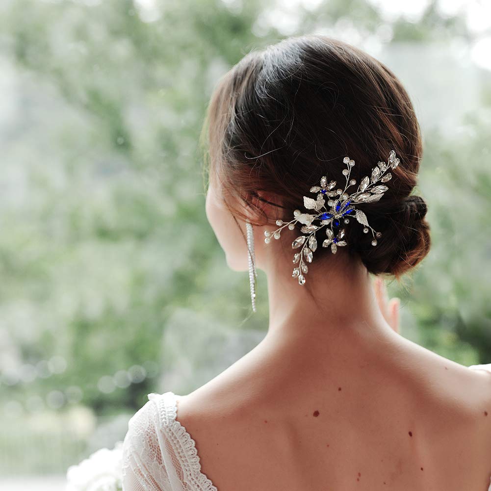 Blue Bridal Leaf Hair Comb - Handmade Wedding Tiara for Bride - Perfect for Prom & Headdress